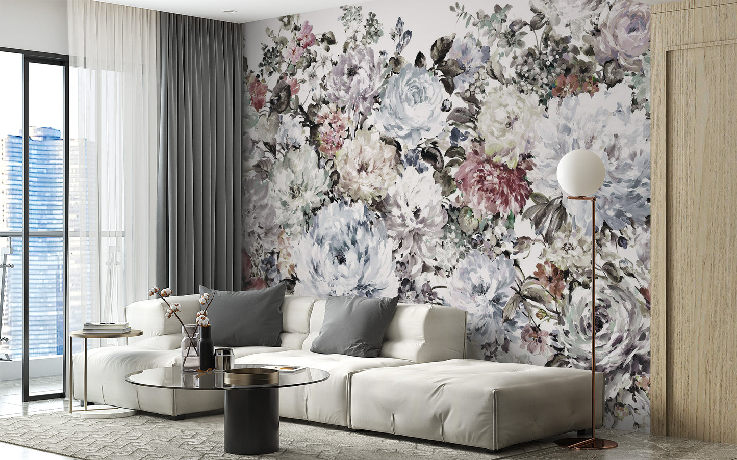 Floral watercolor peony mural for romantic interiors
