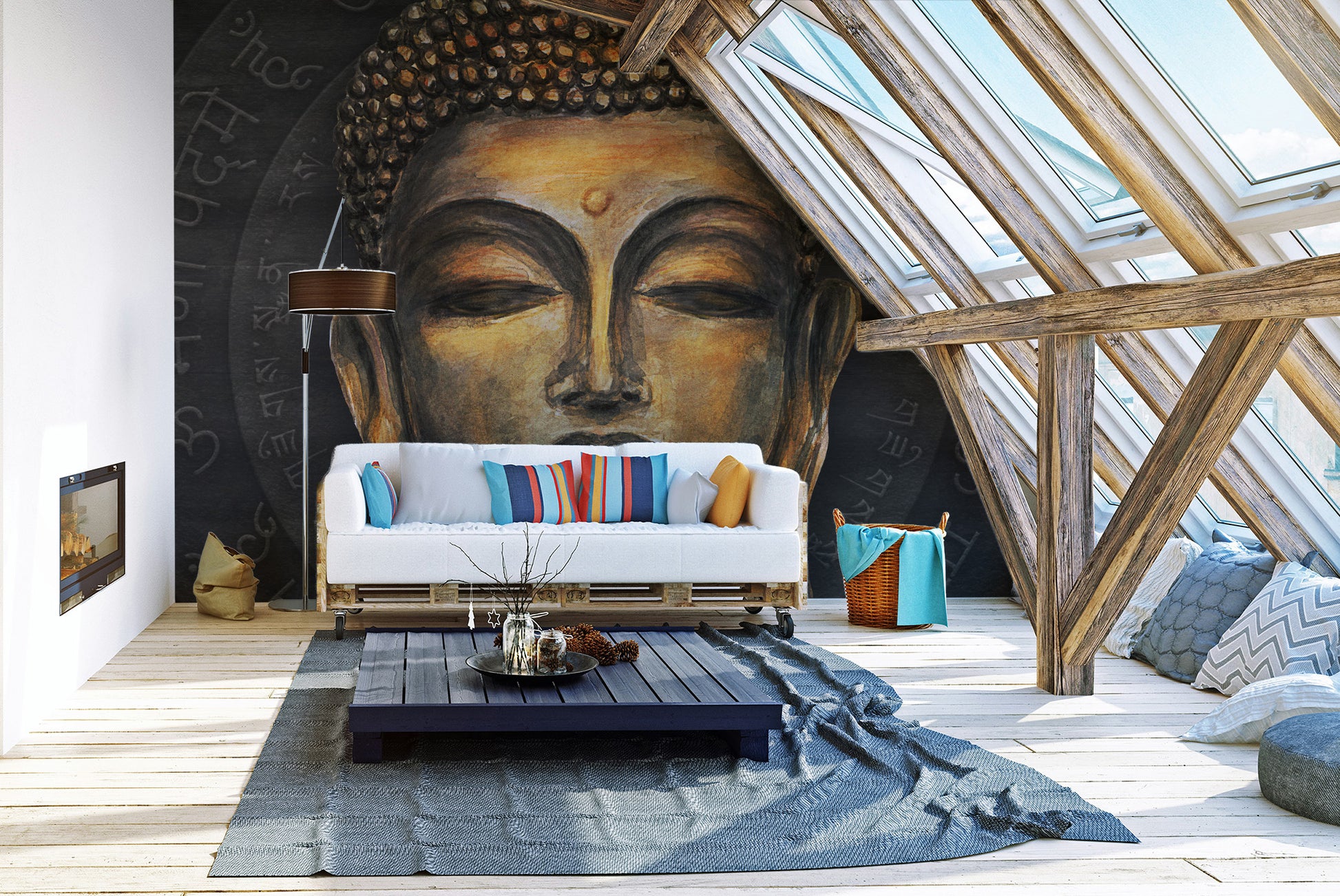 Elegant golden Buddha wall mural for homes
