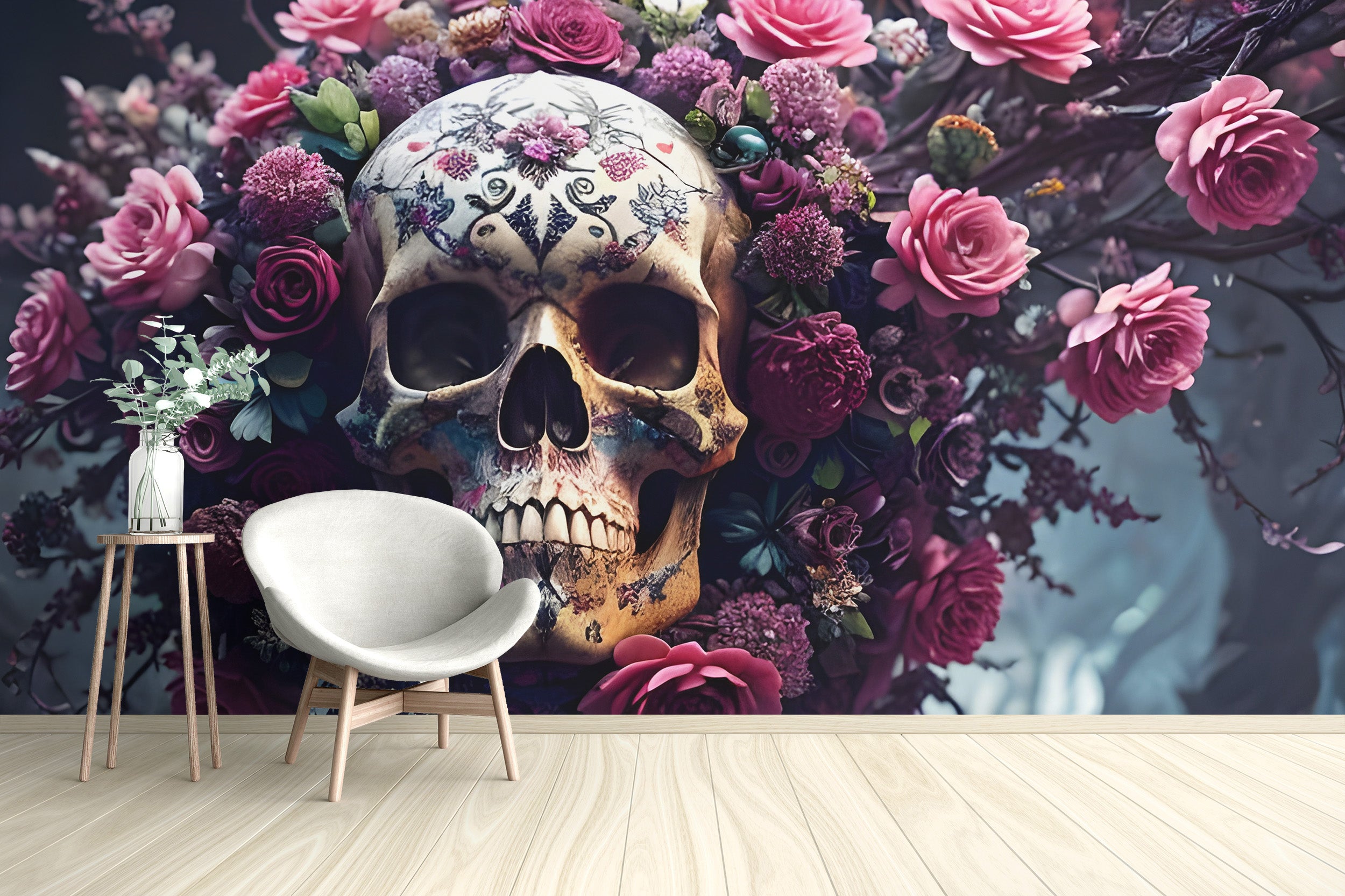 Wall mural showcasing a spooky floral skull design
