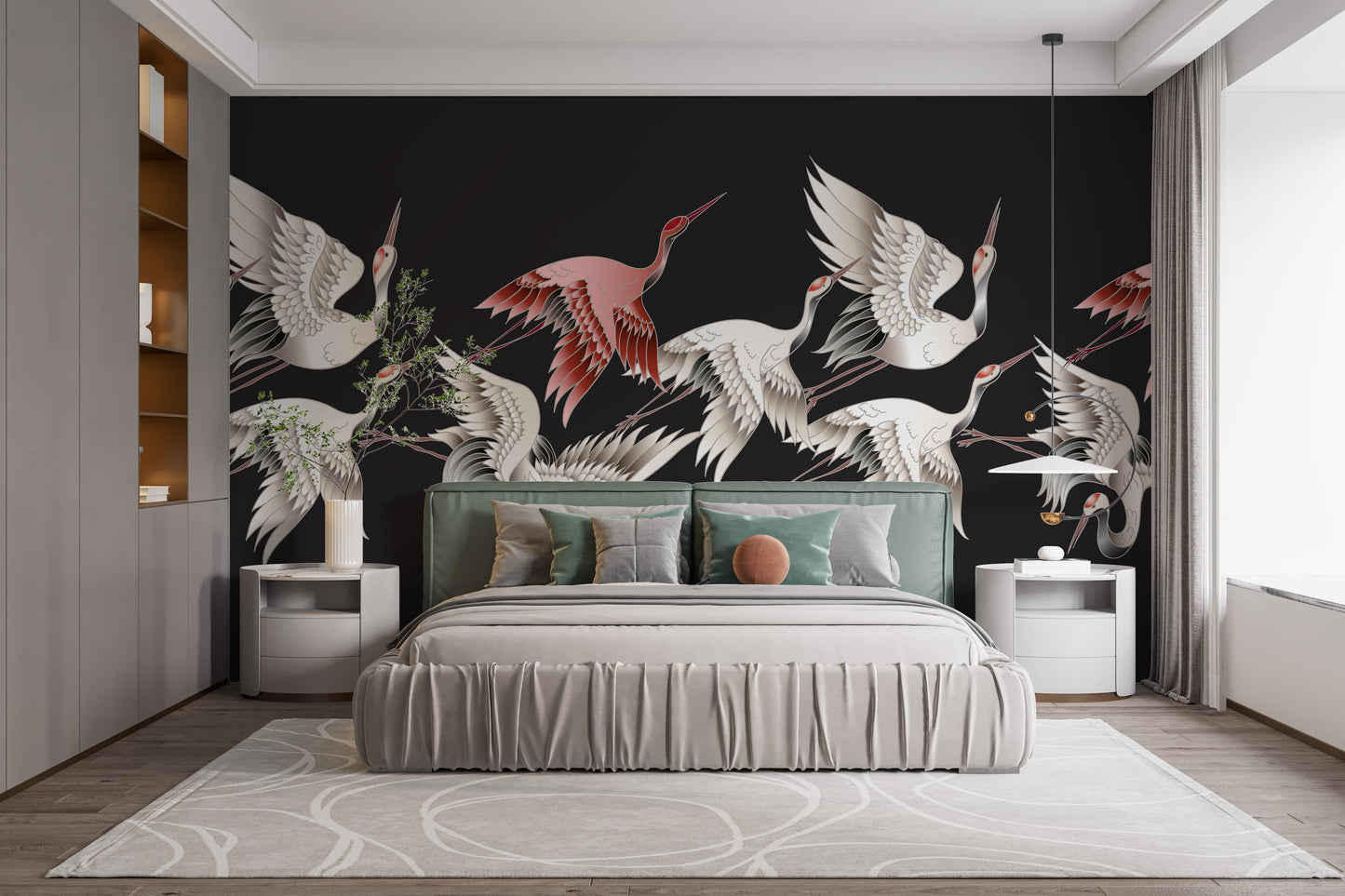 Wallpaper mural showcasing serene flying cranes
