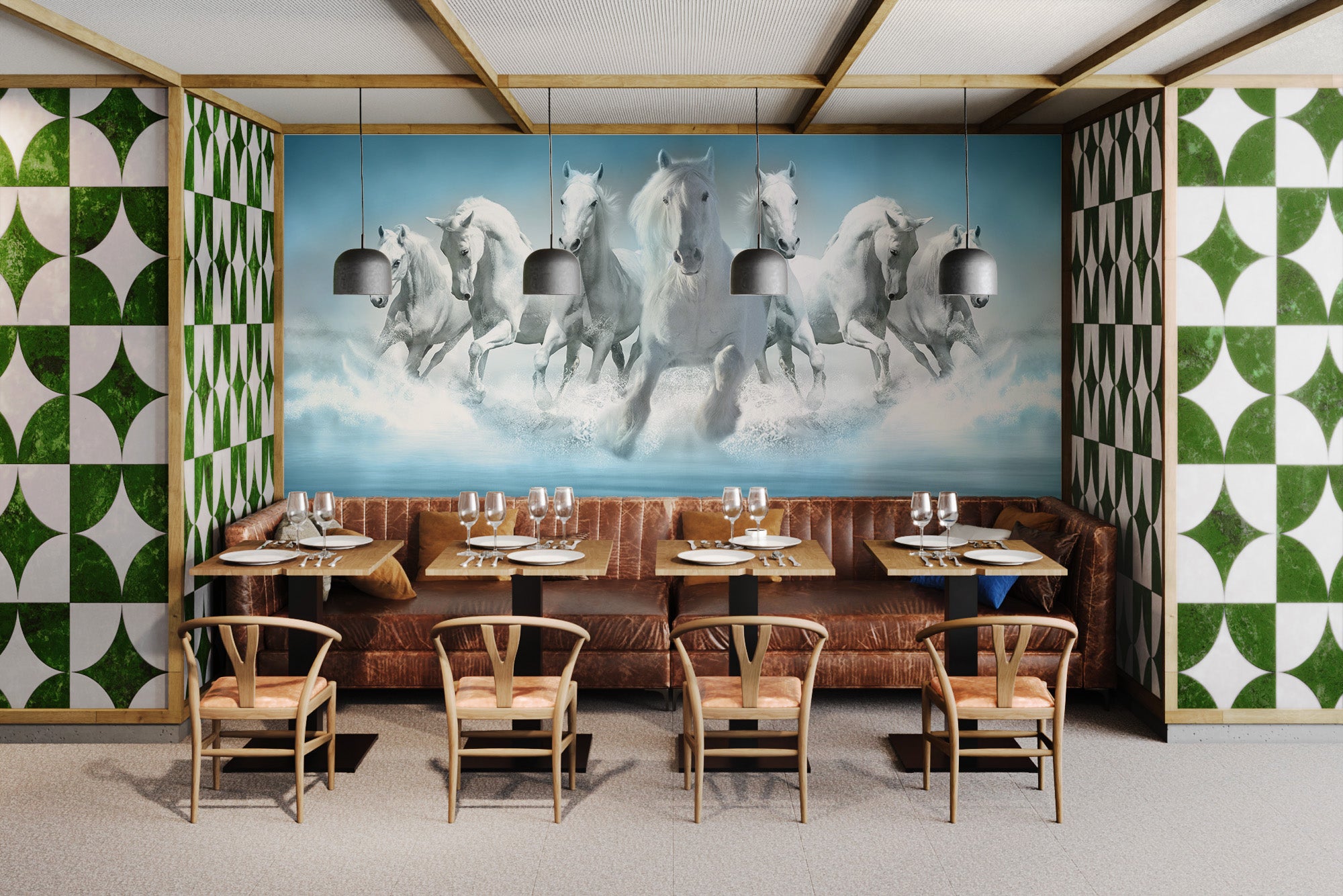 Dynamic 3D mural of galloping white horses