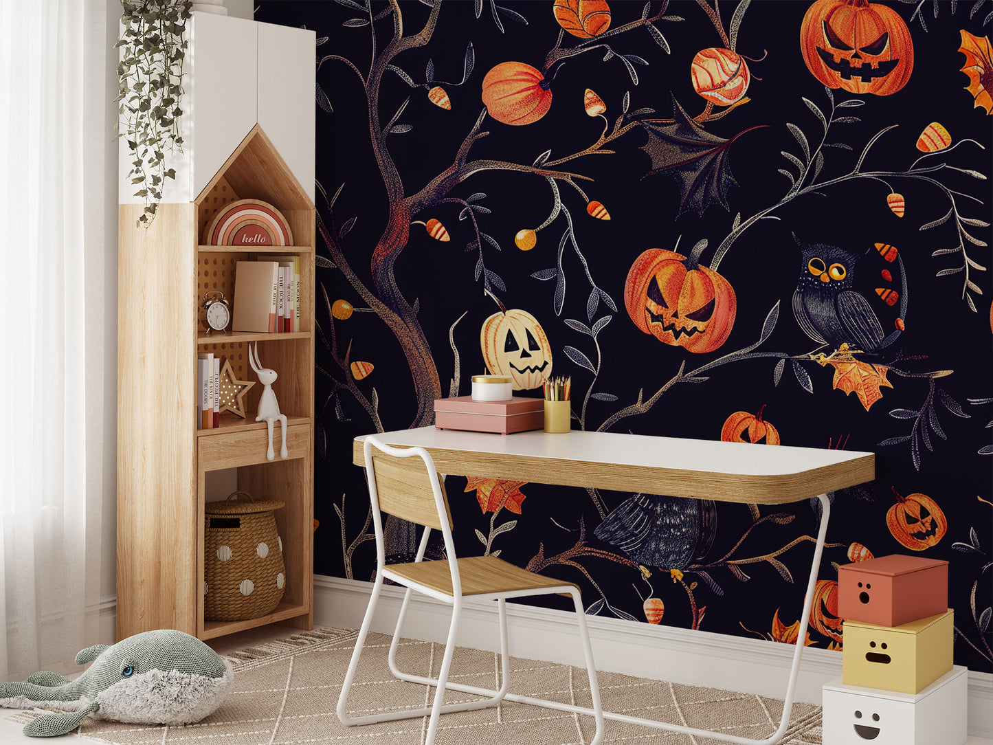 Festive Halloween wallpaper with pumpkins and perched owls
