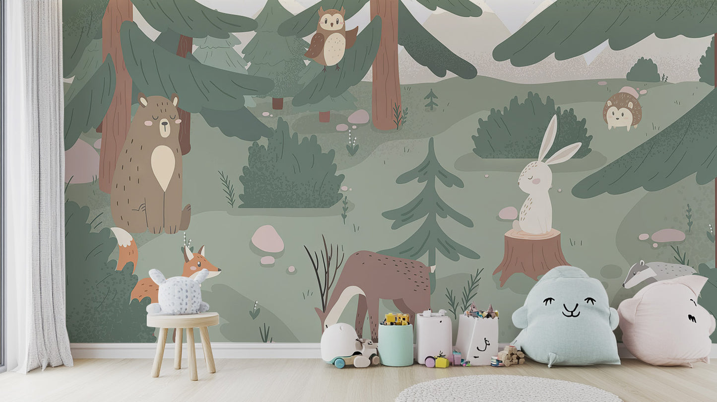 Fun and cheerful mural featuring forest animals for kids’ rooms
