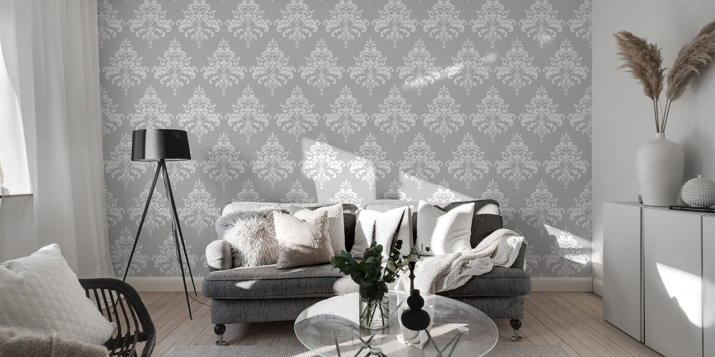 White Damask Pattern Wallpaper For Living Room