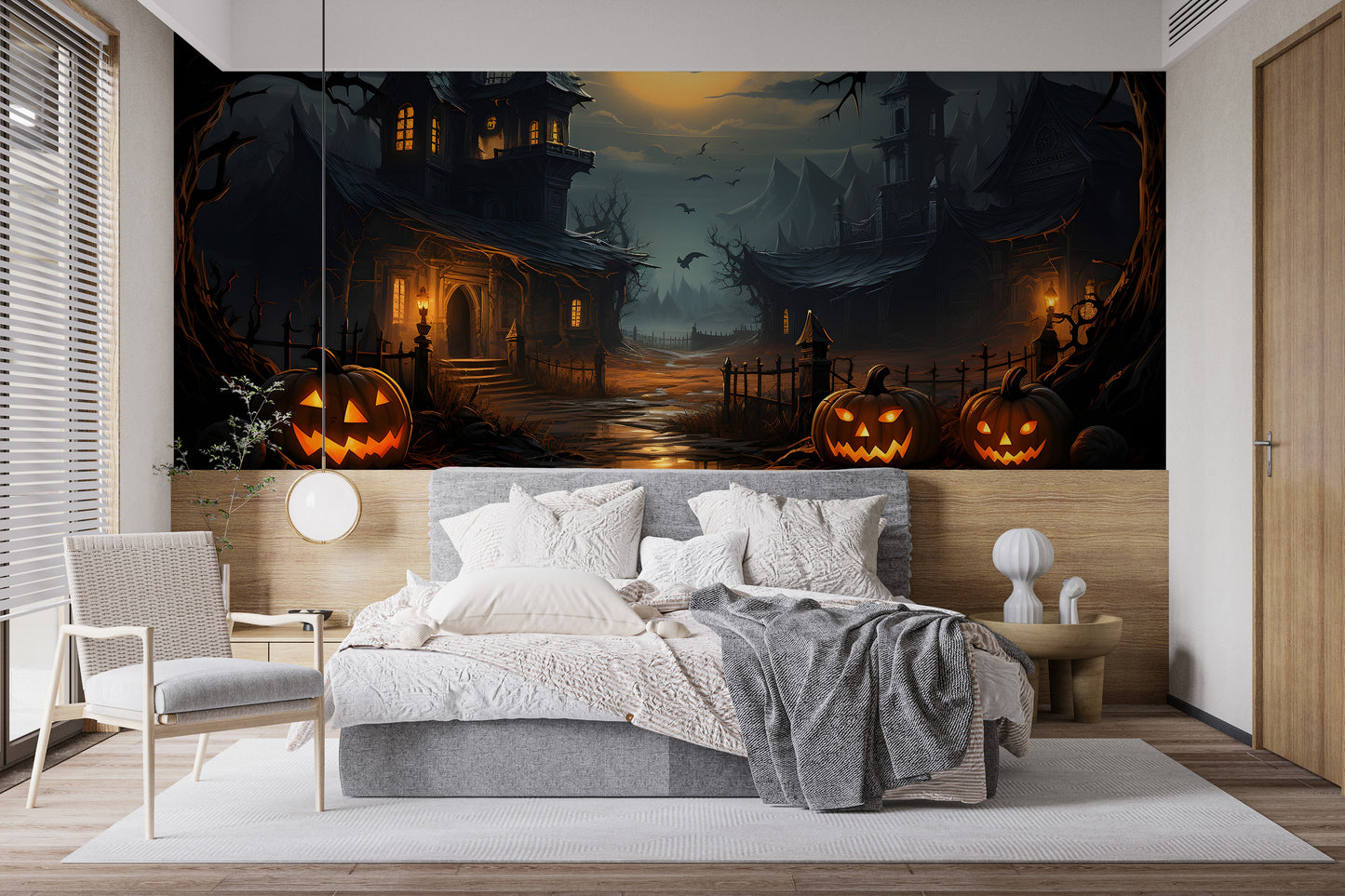 Wall mural featuring a spooky haunted house design
