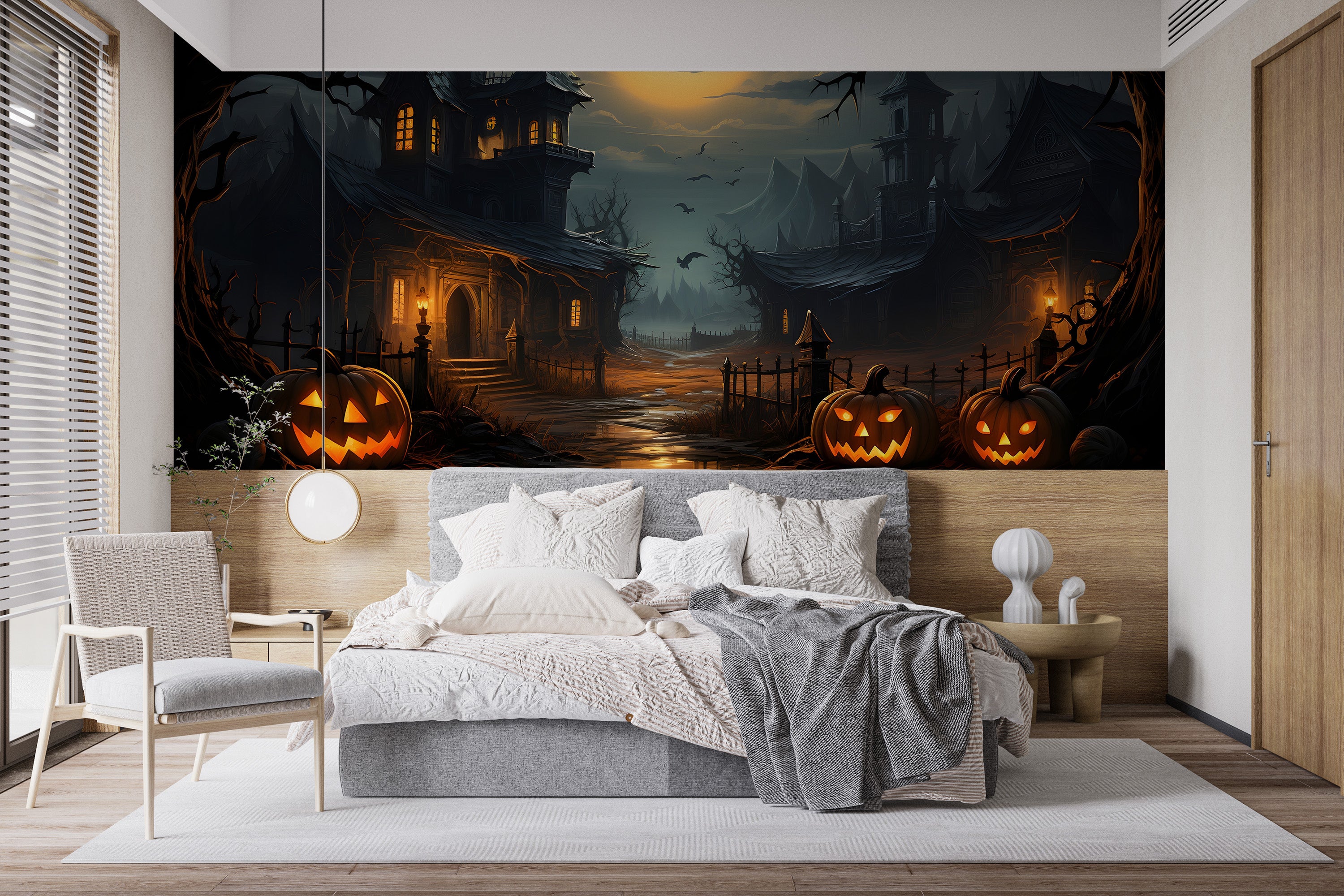 Wall mural featuring a spooky haunted house design
