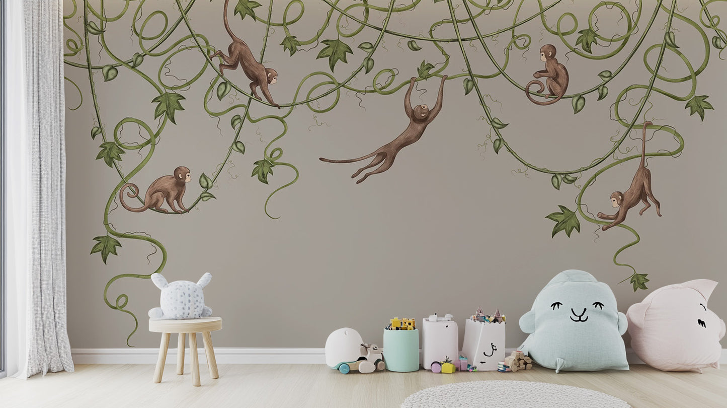 Fun and colorful monkey wallpaper for a nursery room.
