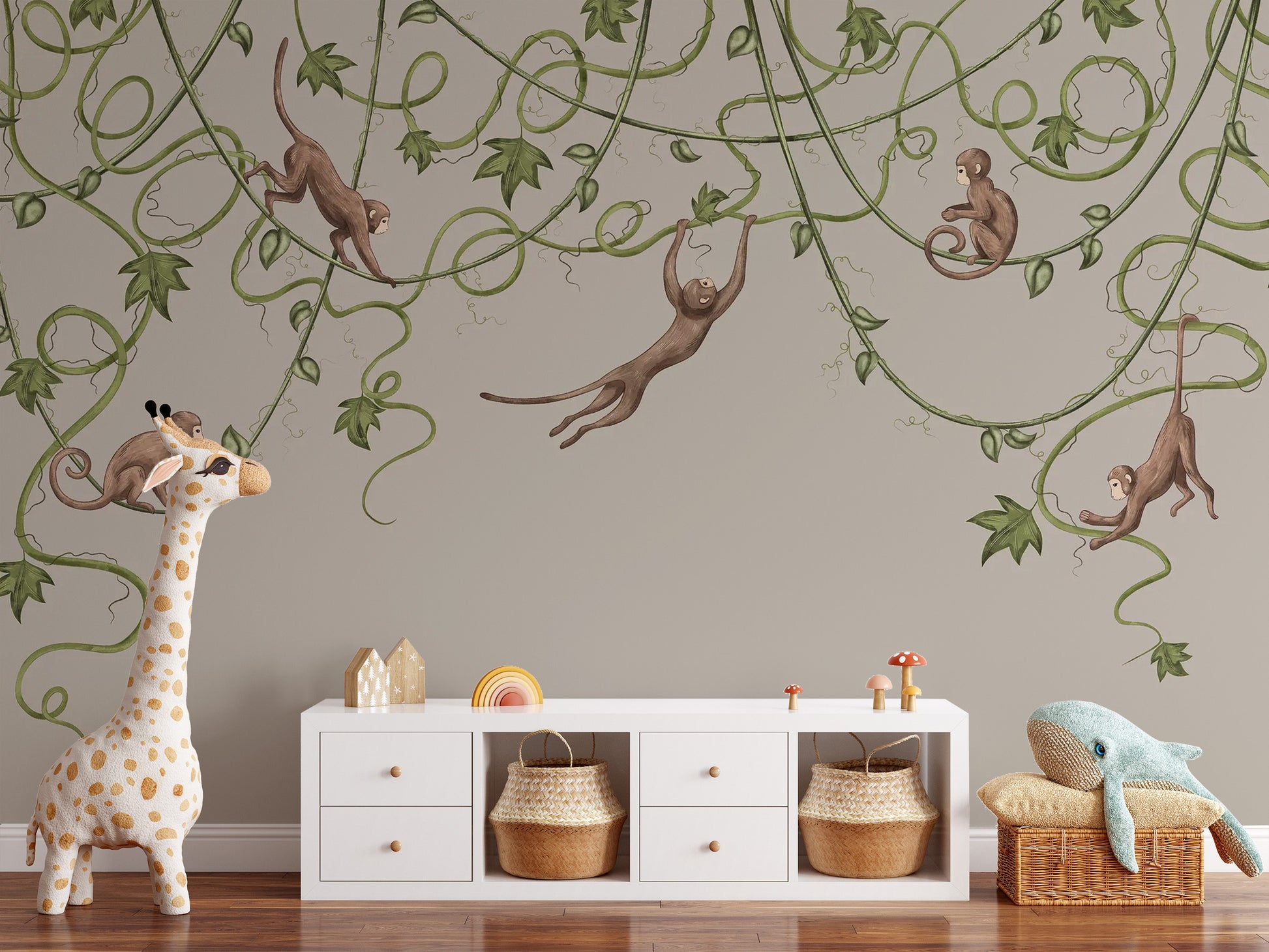 Bright and happy monkey nursery wallpaper with greenery.
