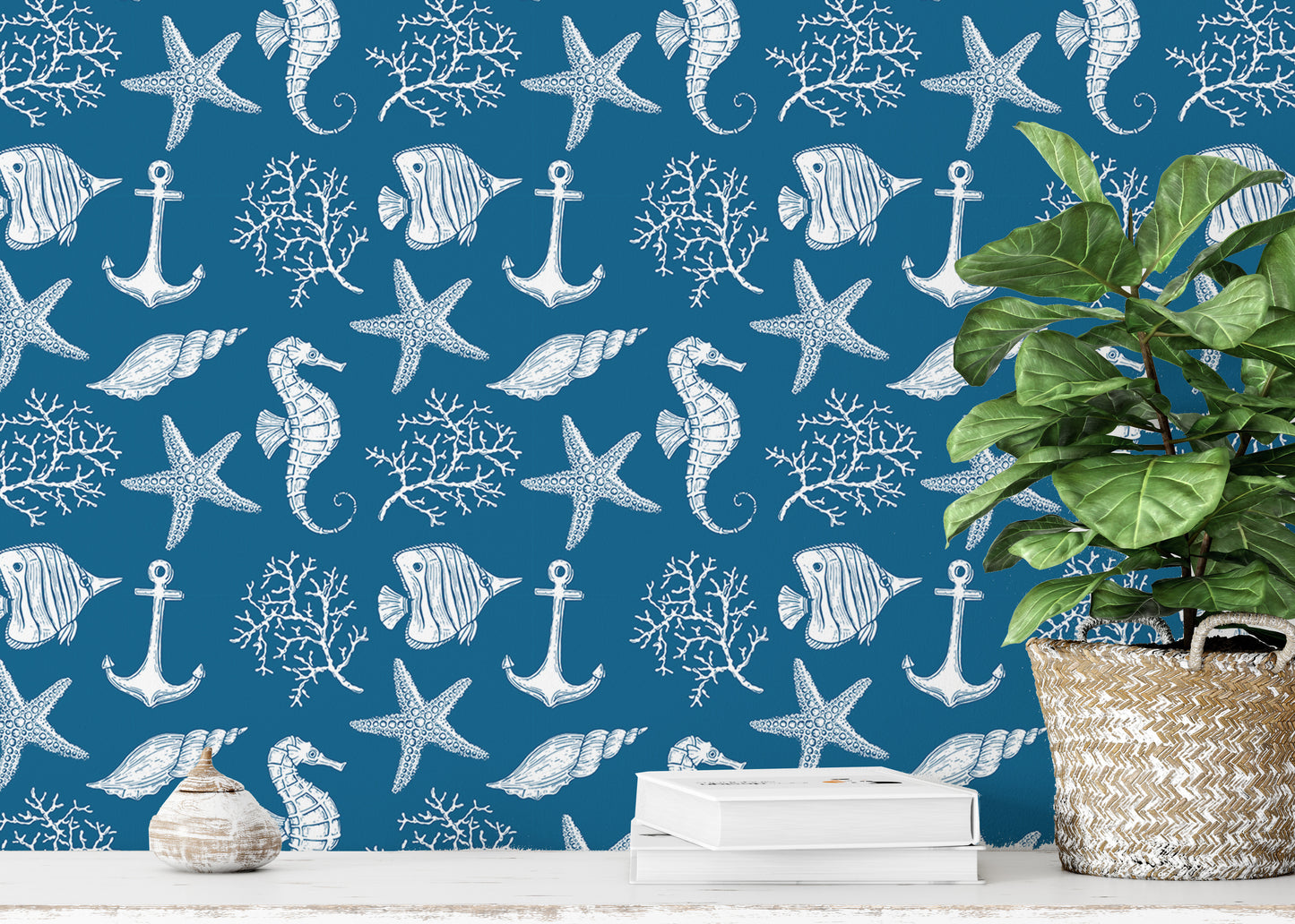 Underwater wallpaper with sea creatures and coral accents