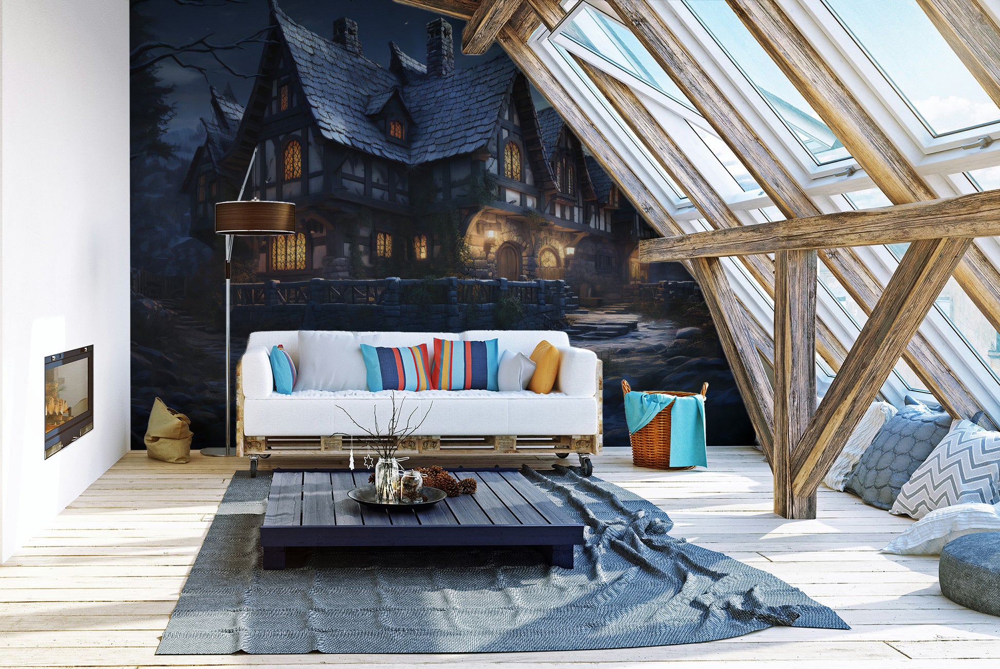 Spooky wall mural with a haunted cottage illustration
