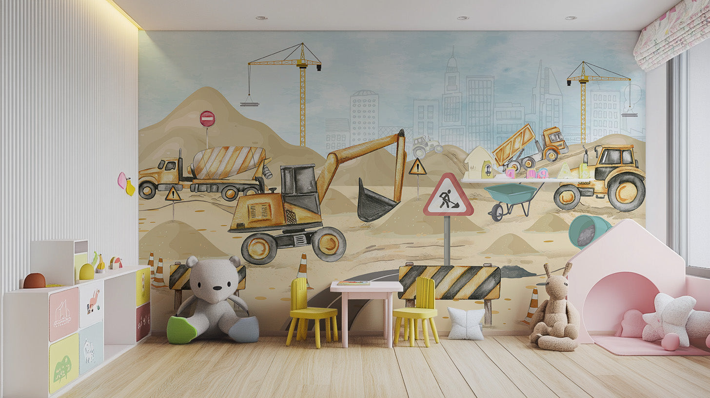 Kids Construction Yard Wall Mural Art