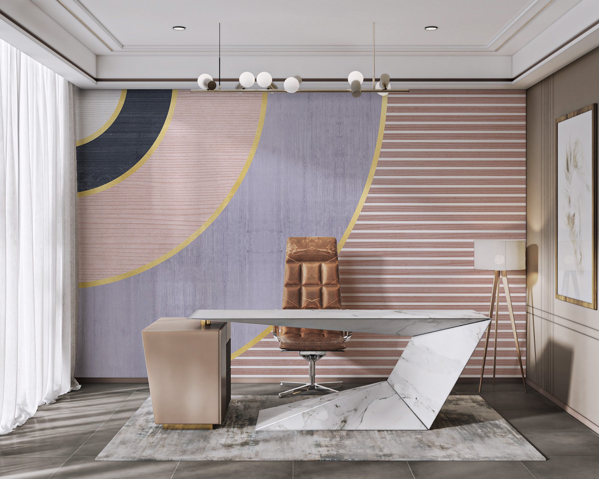 Geometric gold accent wallpaper with soft pastels
