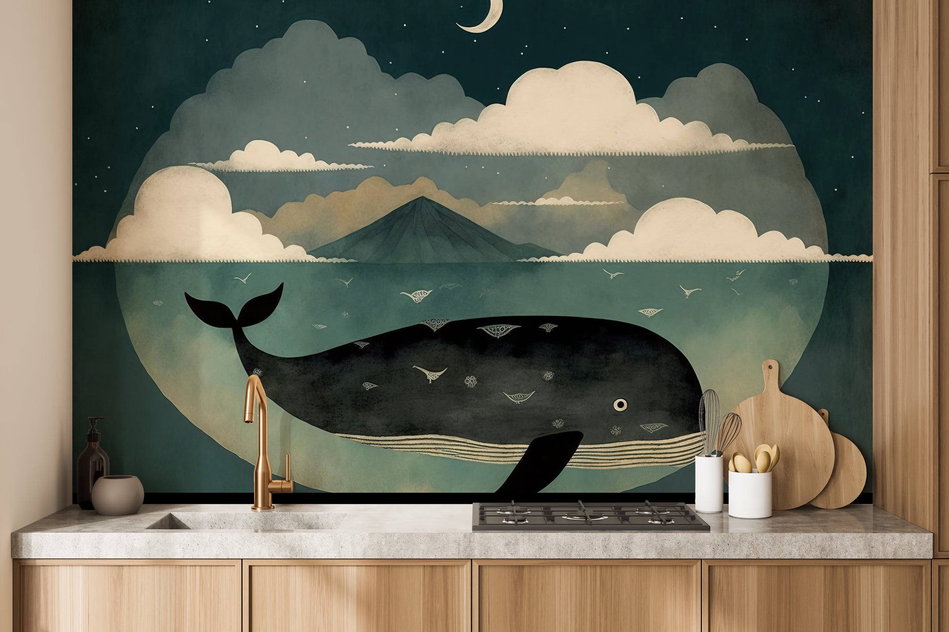 Peel and stick whale under moon mural for calming walls