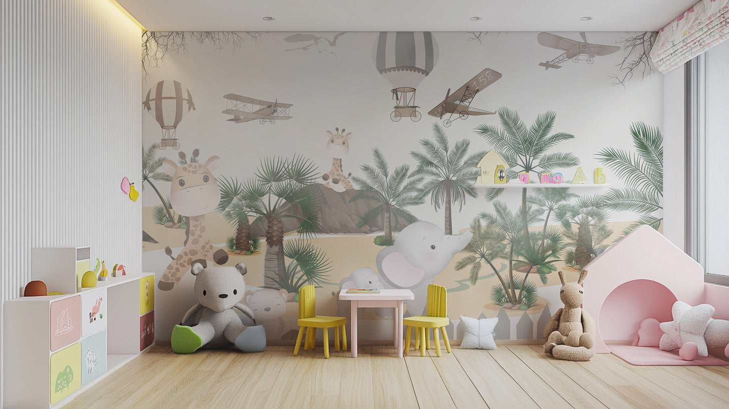 Cute Animal Safari Wallpaper Mural with safari animals