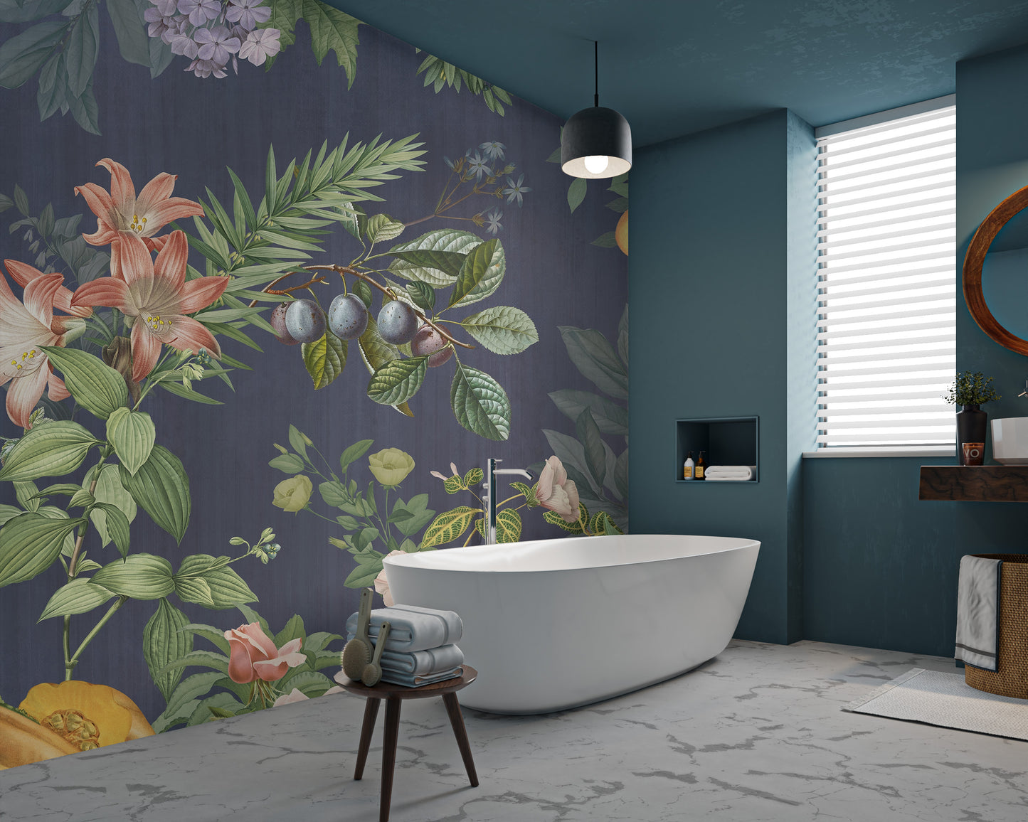 Botanical Floral and Fruit Wallpaper