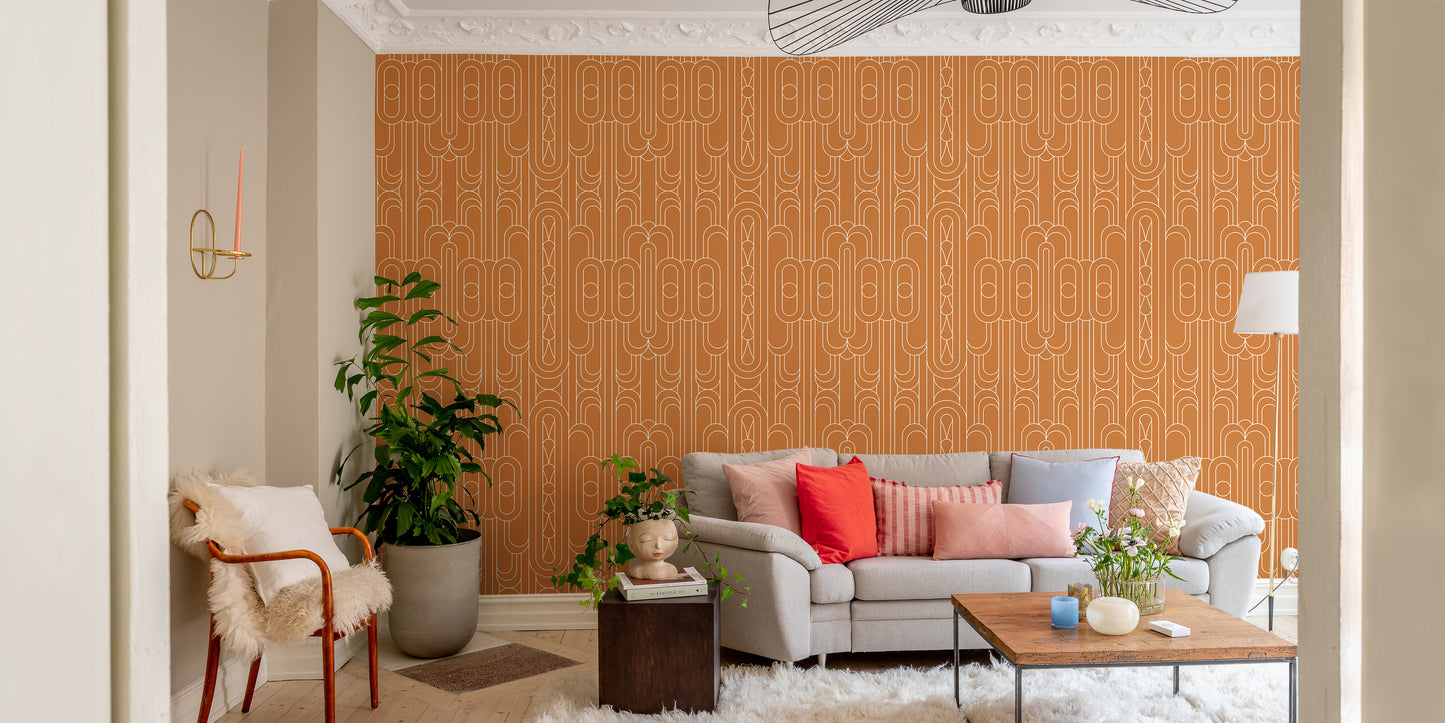 White-lined orange Art Deco modern wallpaper.