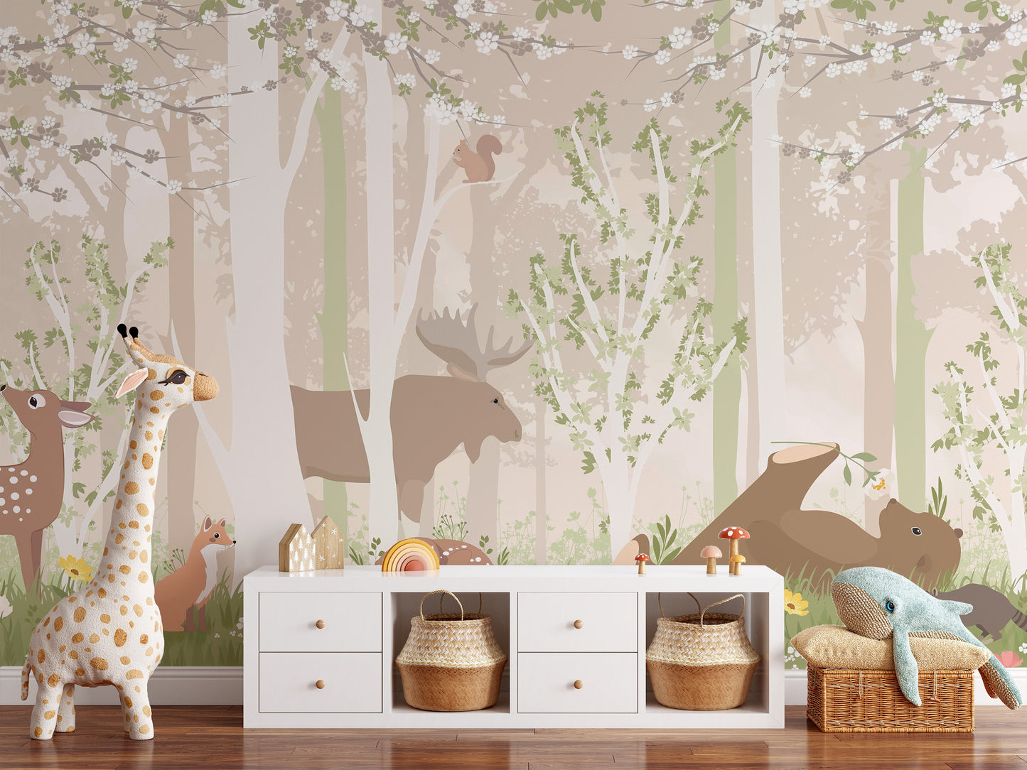 Charming wildlife wallpaper mural with friendly animals
