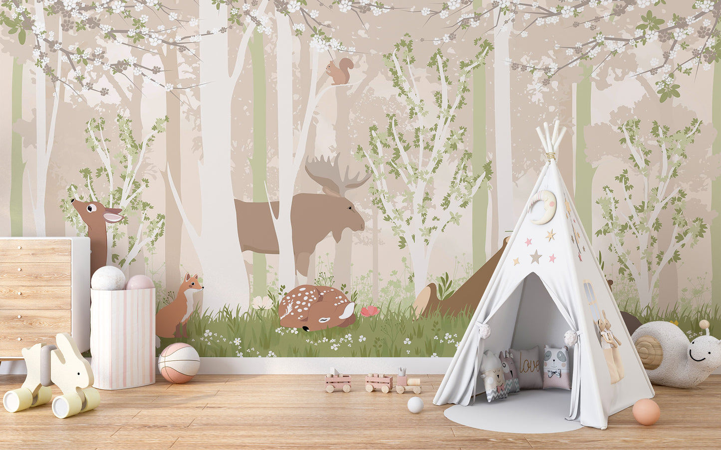 Cute wildlife animal mural for children's room decor
