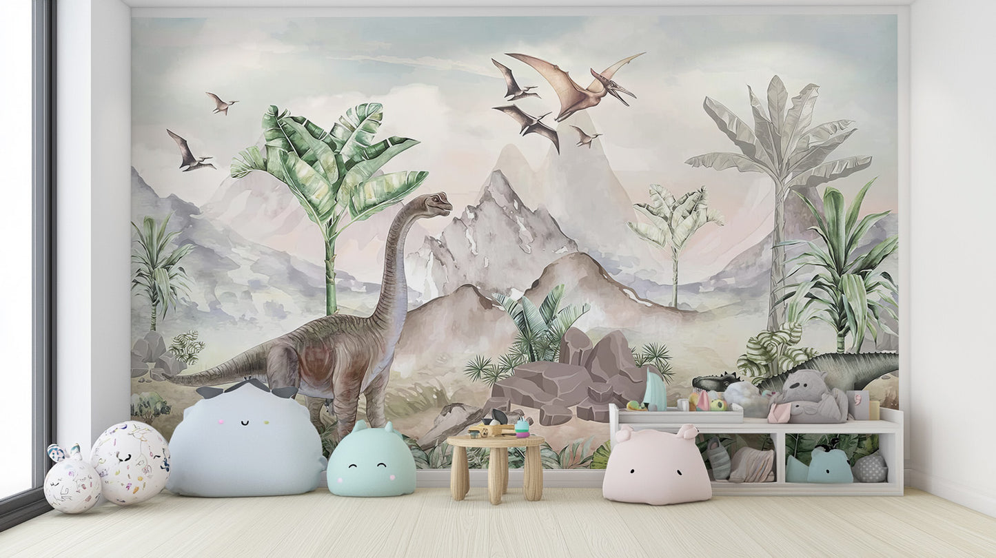 Prehistoric wall mural featuring detailed dinosaurs, tropical foliage, ferns, and a pastel-hued mountainous backdrop under a soft sky.