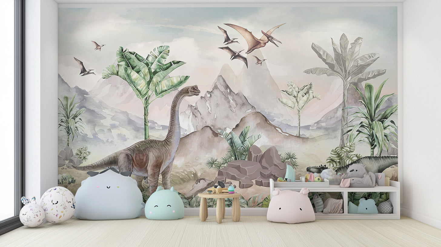 Prehistoric wall mural featuring detailed dinosaurs, tropical foliage, ferns, and a pastel-hued mountainous backdrop under a soft sky.