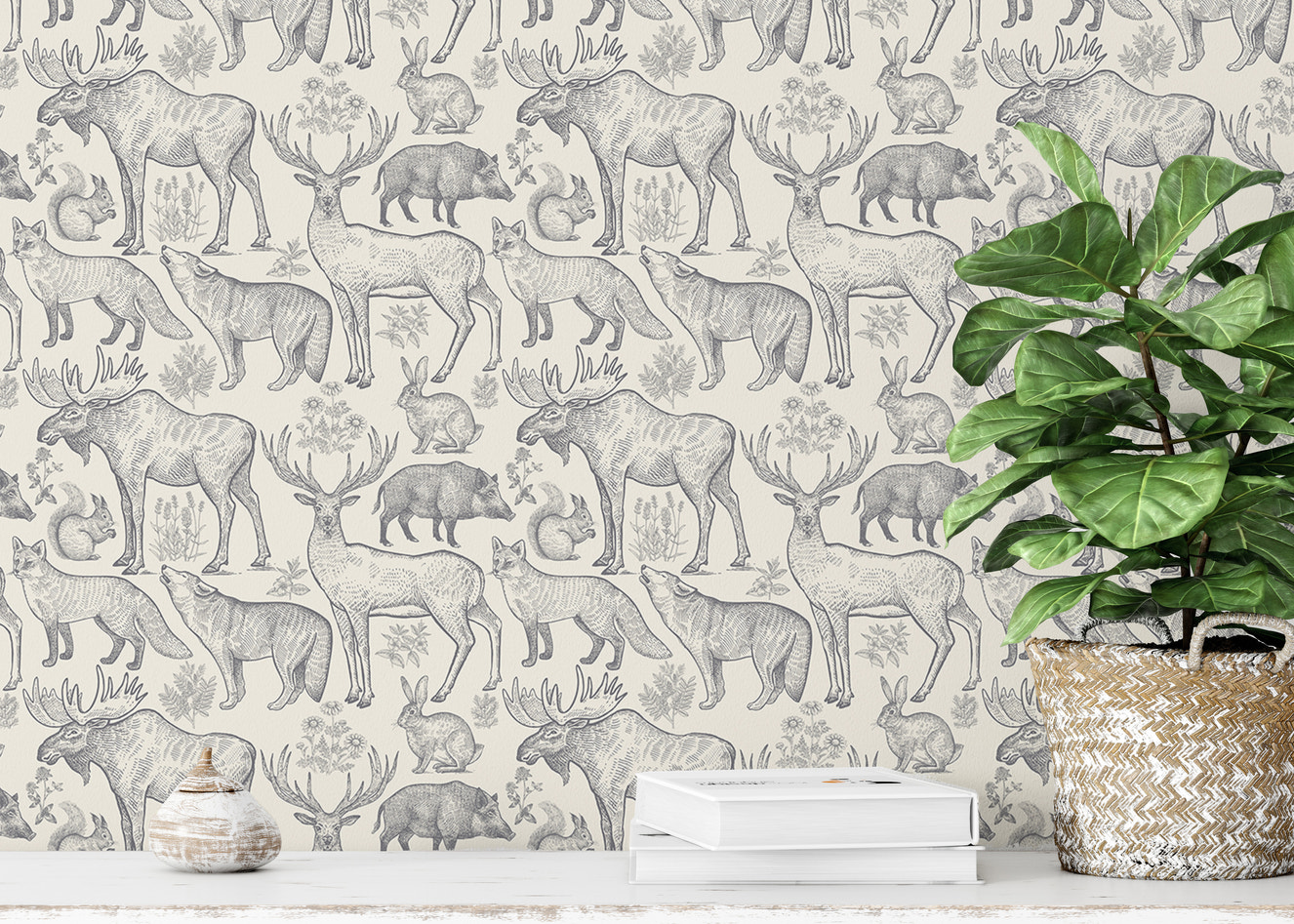 Removable wallpaper with grey animal and plant patterns