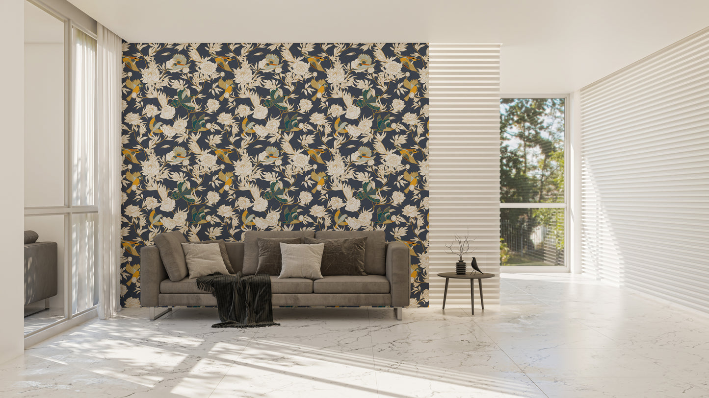 Feathered friends mural with vibrant peonies
