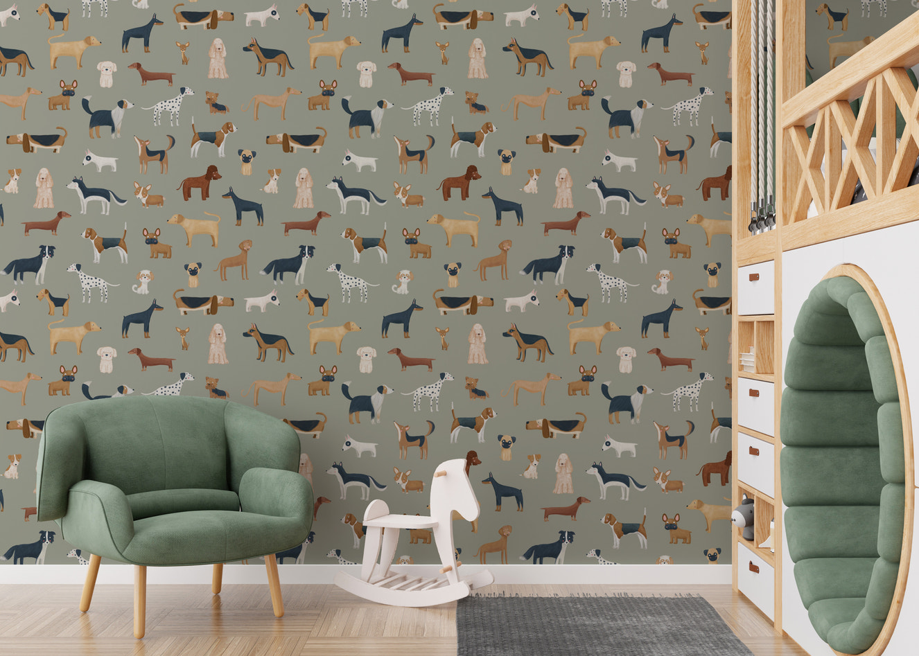 Safari green wallpaper featuring various dog breeds
