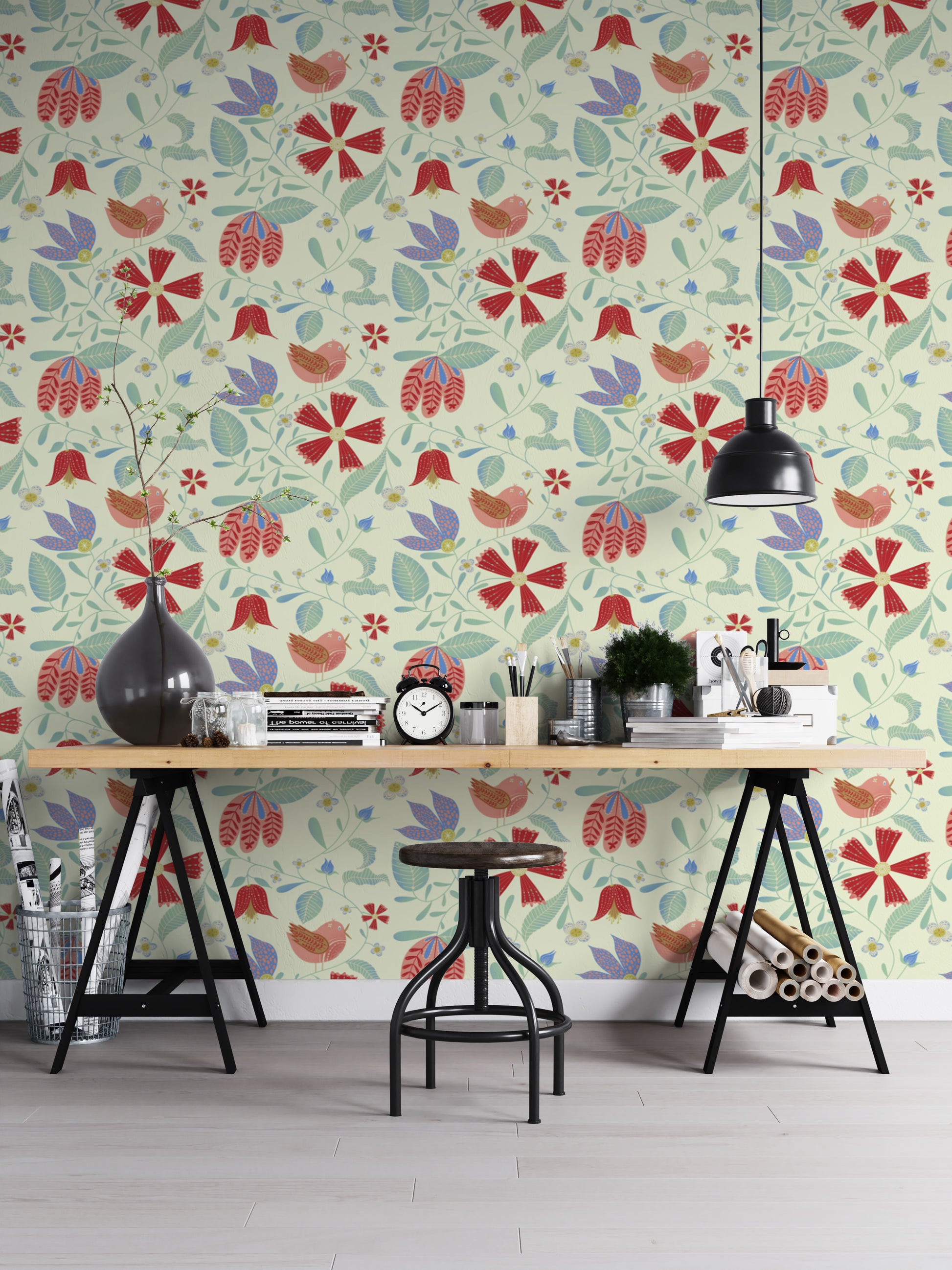 Decorative wallpaper showcasing colorful folksy birds
