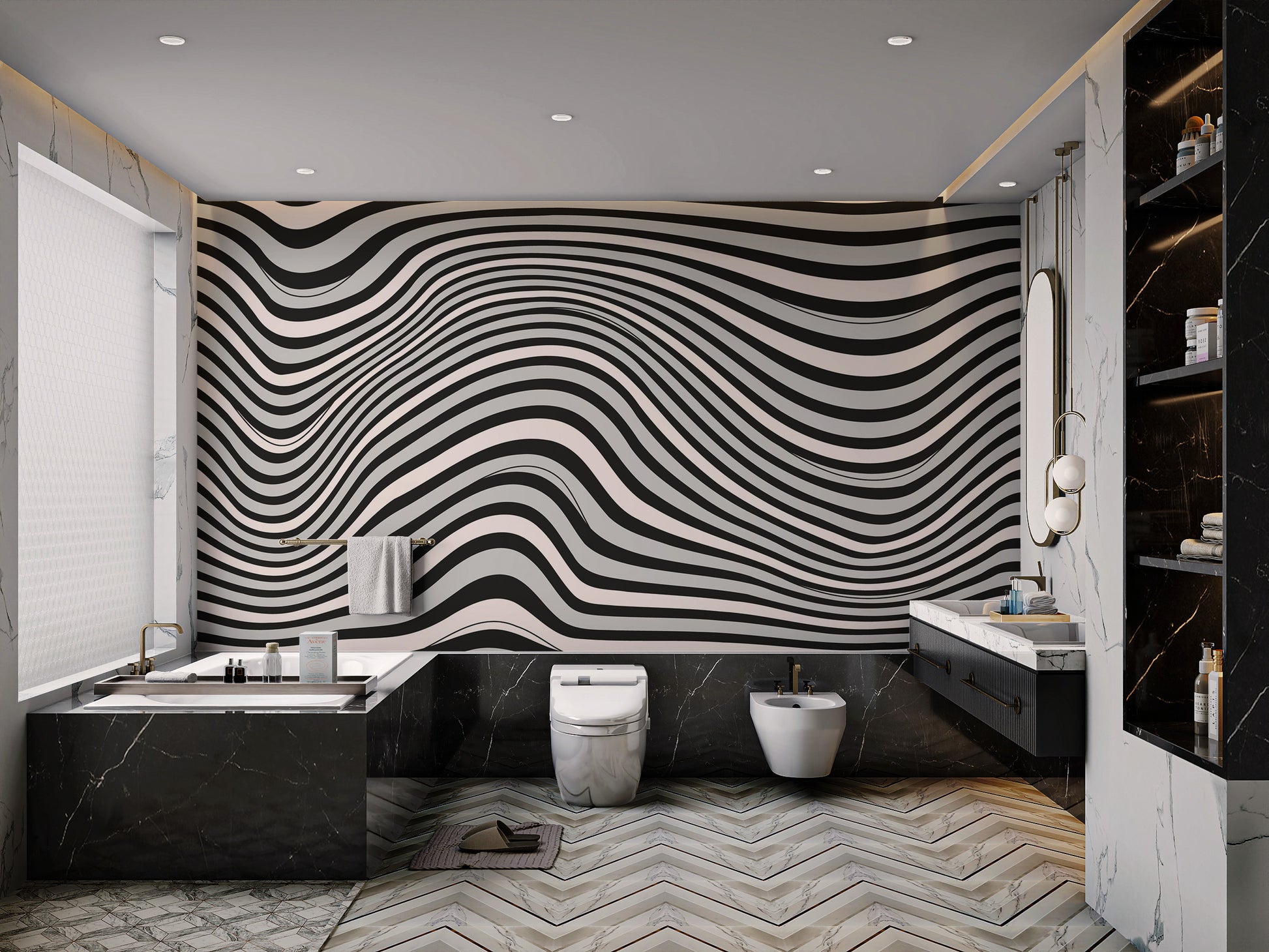 Black and white wavy illusion wallpaper for modern walls
