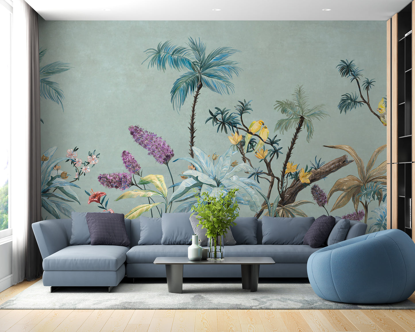 Green background Boho Flowers Wallpaper Murals