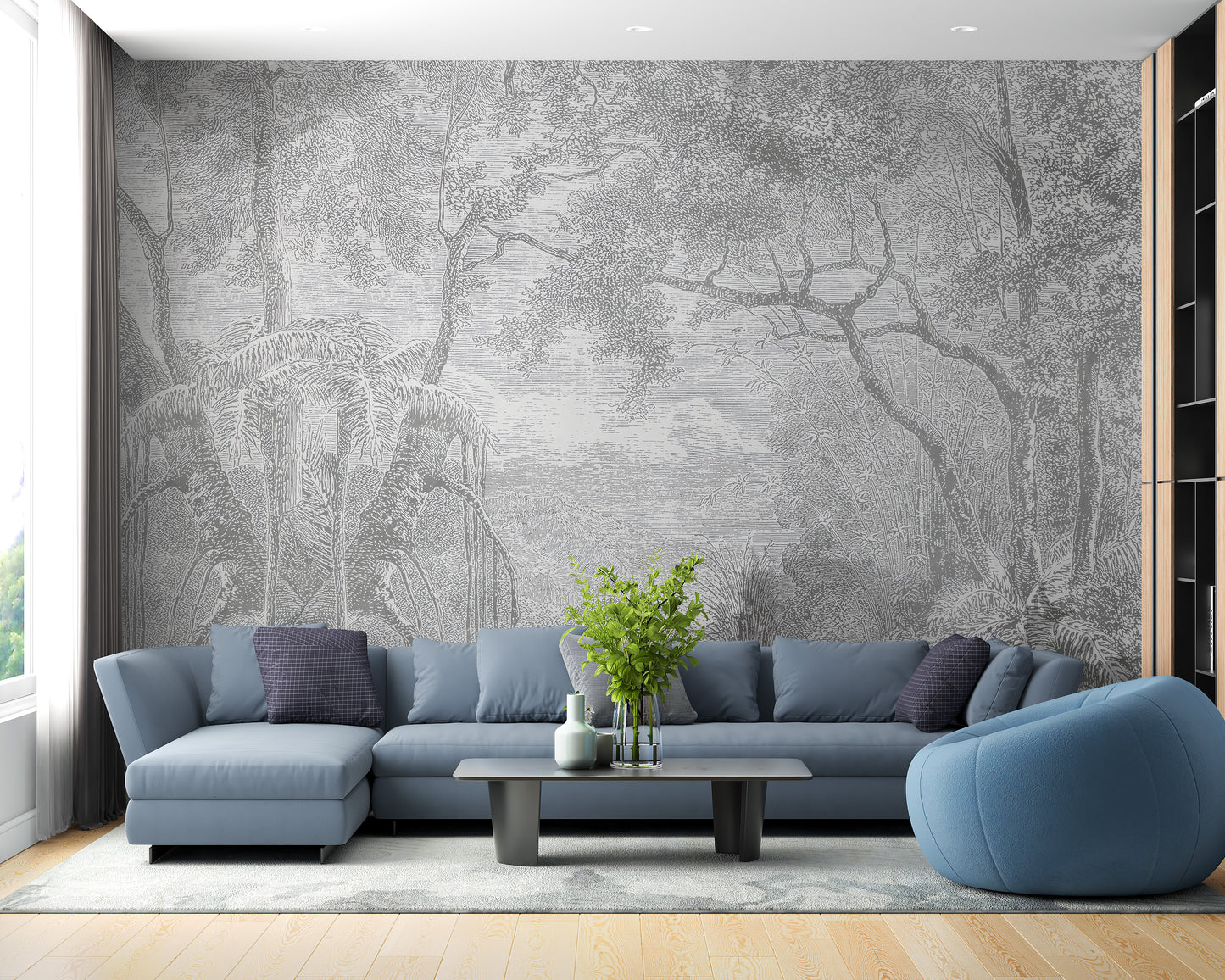 Grey-Toned Nature View Forest Wallpaper Mural for Living