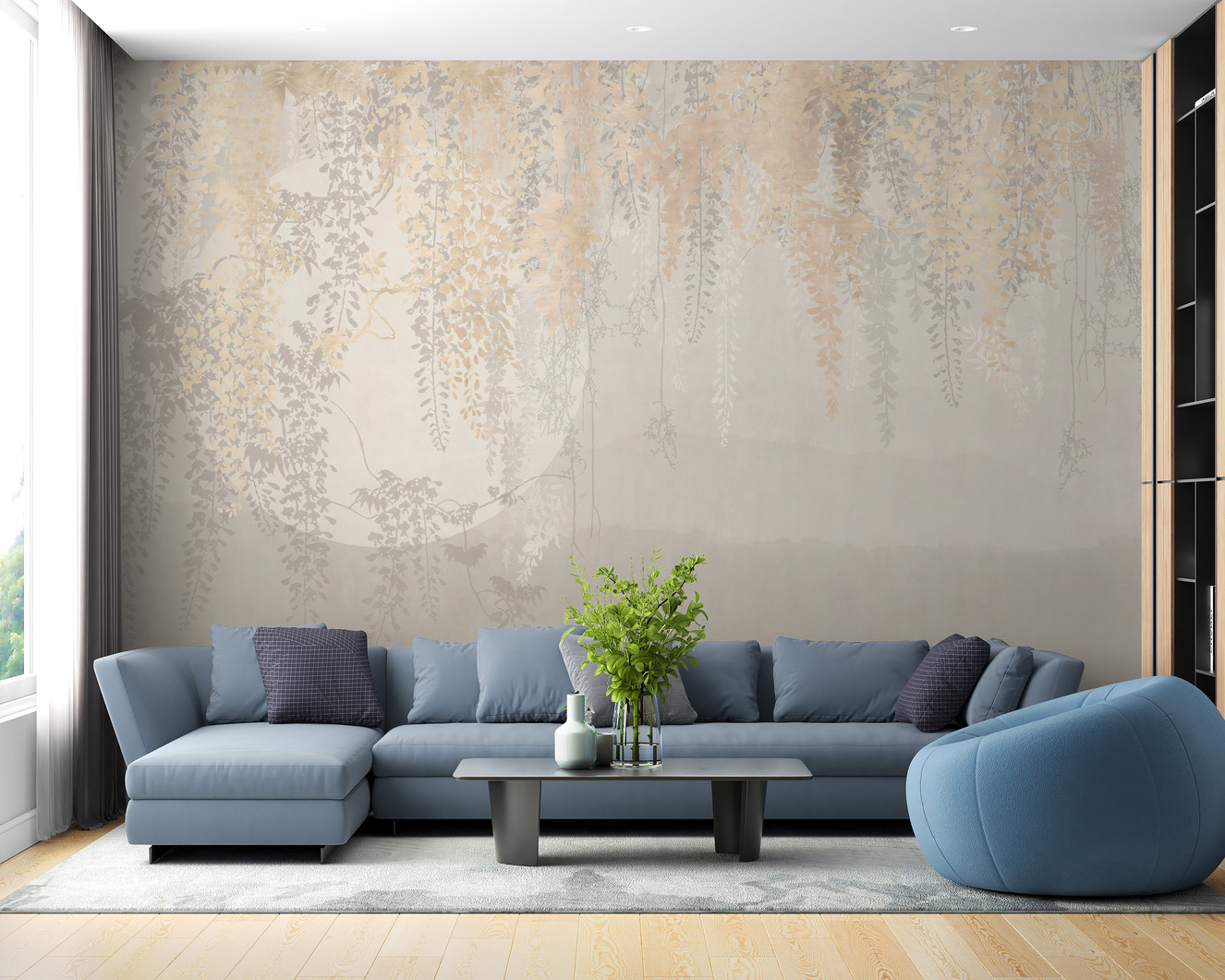 Golden and Grey Hanging Leaves Wallpaper Murals