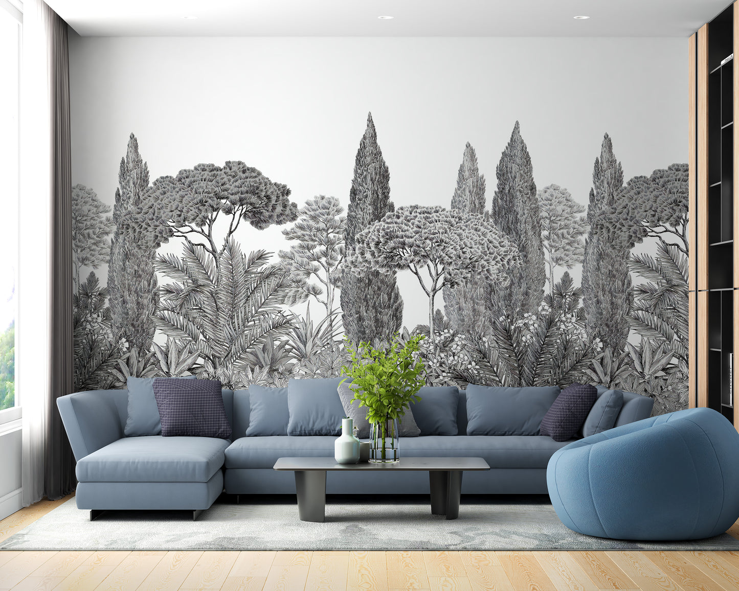 Soft grey forest mural with deodar trees