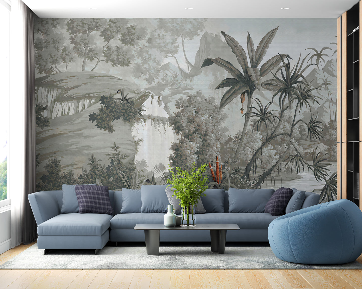 Serene wall mural with monotone woodland art
