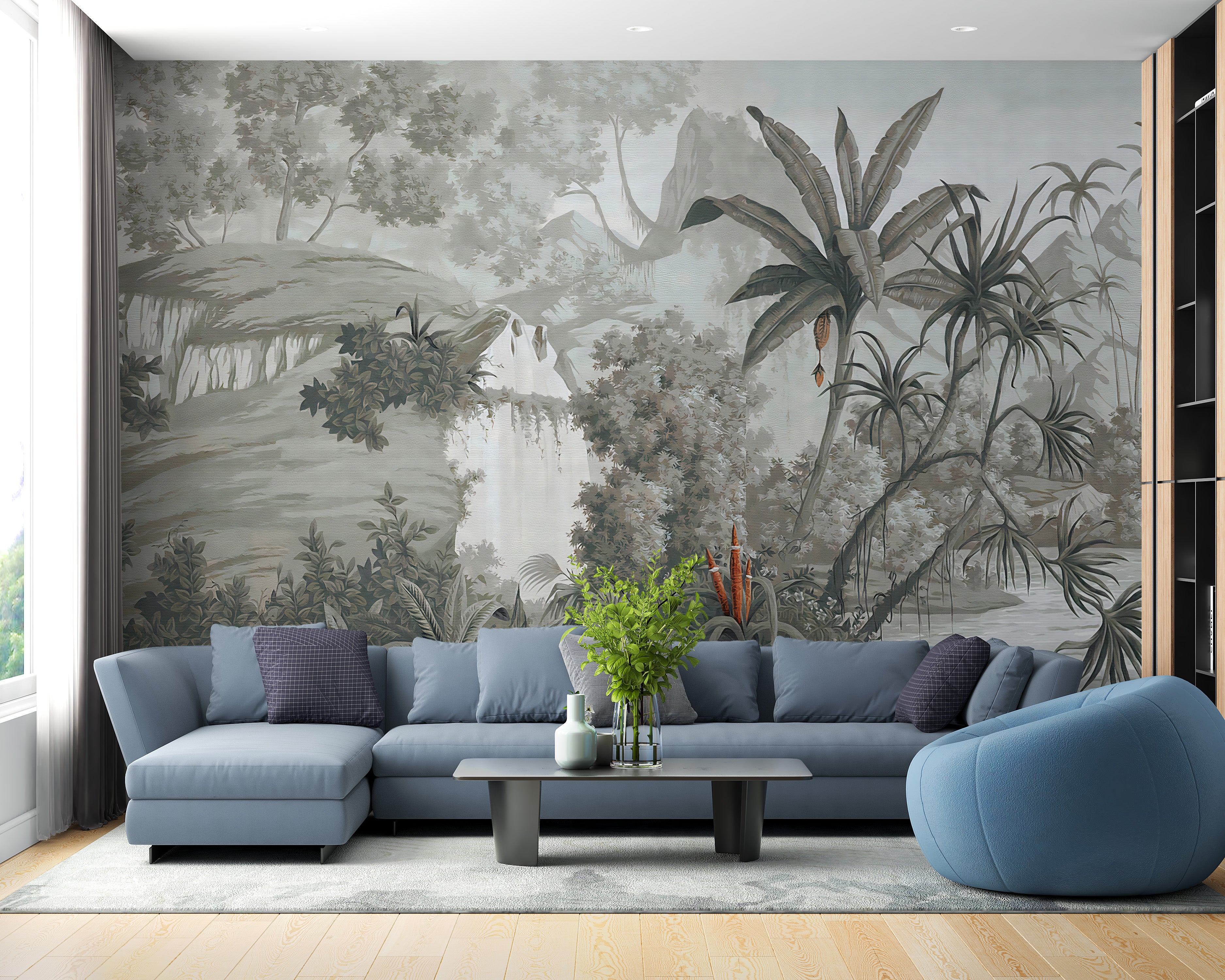 Serene wall mural with monotone woodland art
