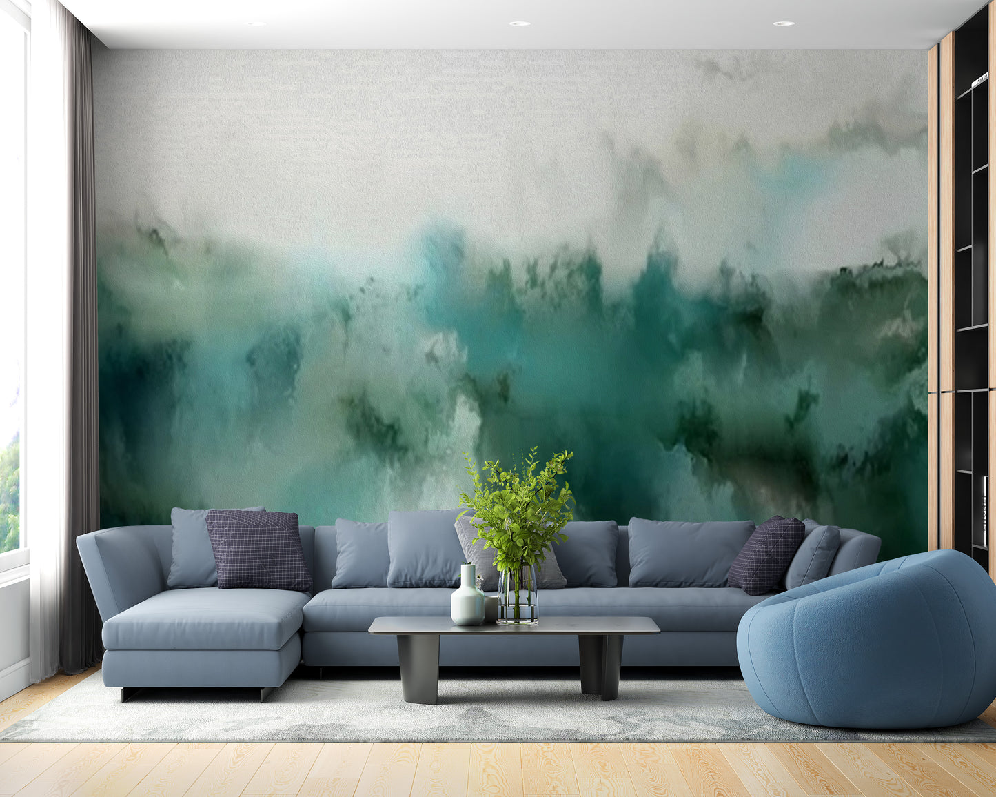 Stylish turquoise mural with abstract brushstrokes
