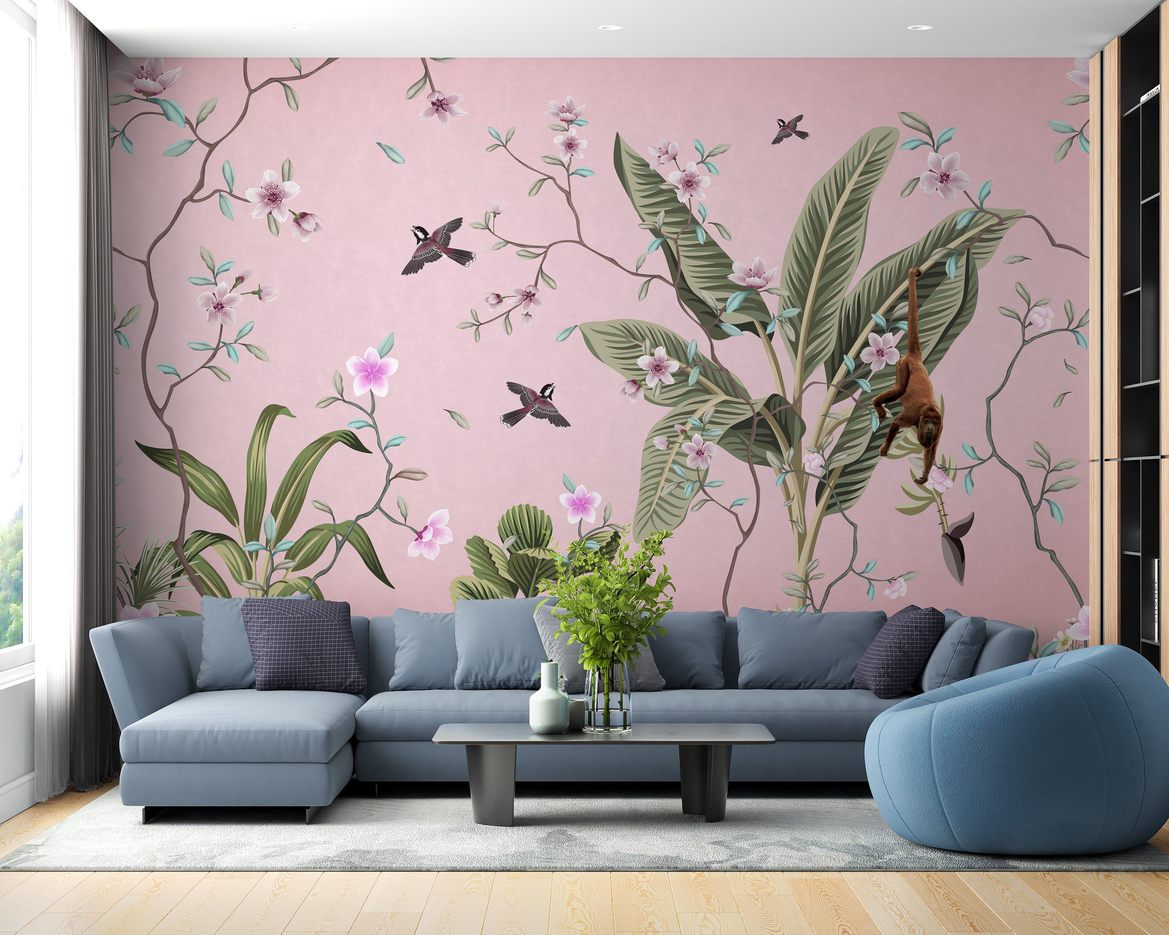 Natural floral charm on wallpaper mural.
