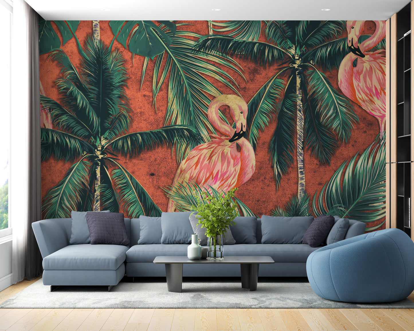 Dark wallpaper featuring flamingo and plants.
