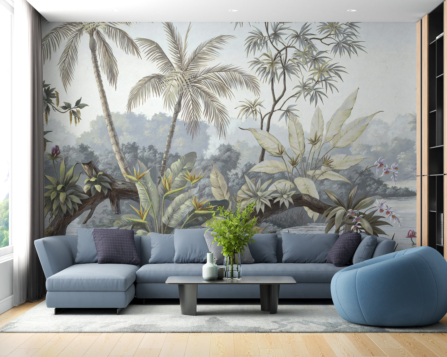 Jungle-inspired wallpaper with botanical details.
