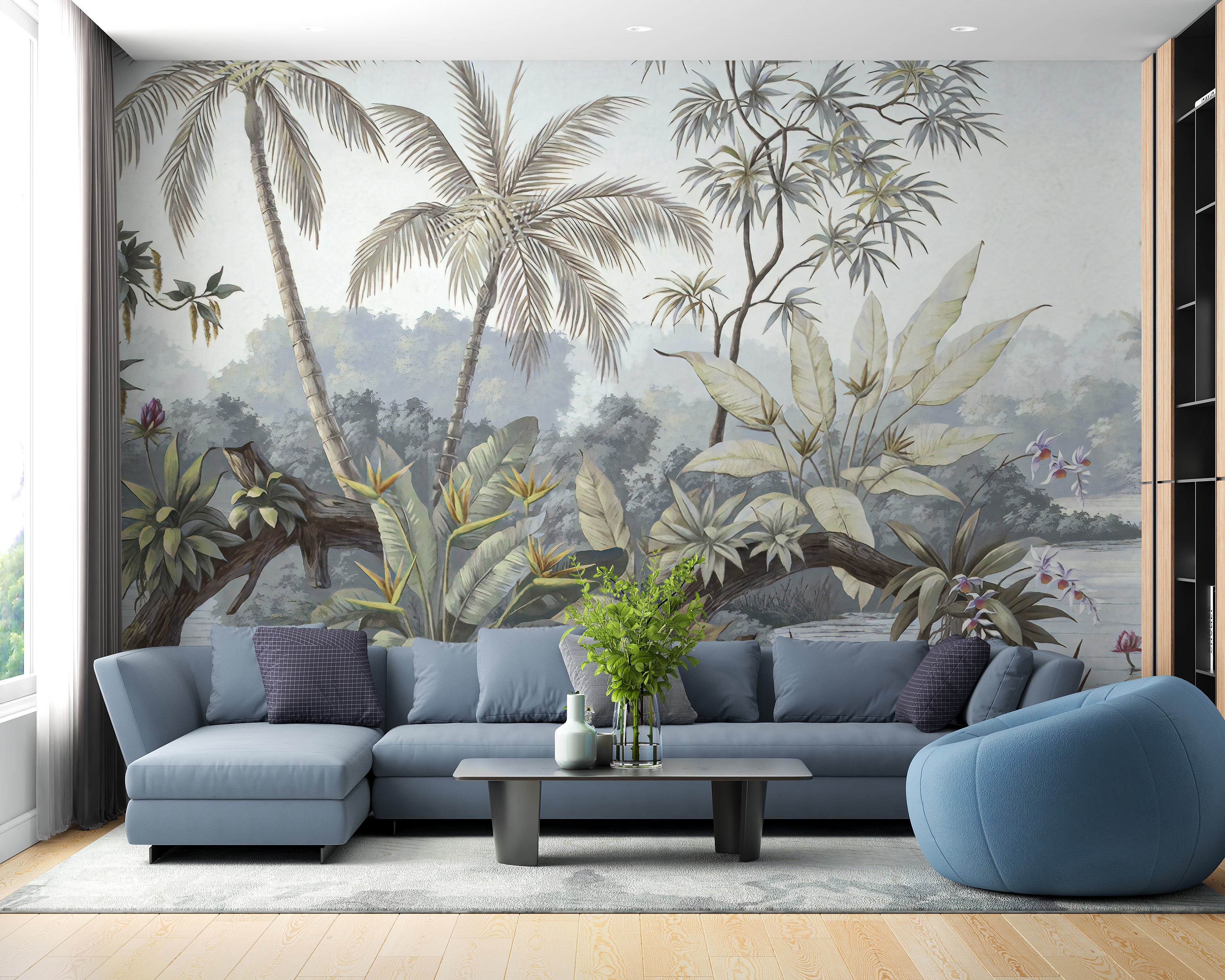 Jungle-inspired wallpaper with botanical details.
