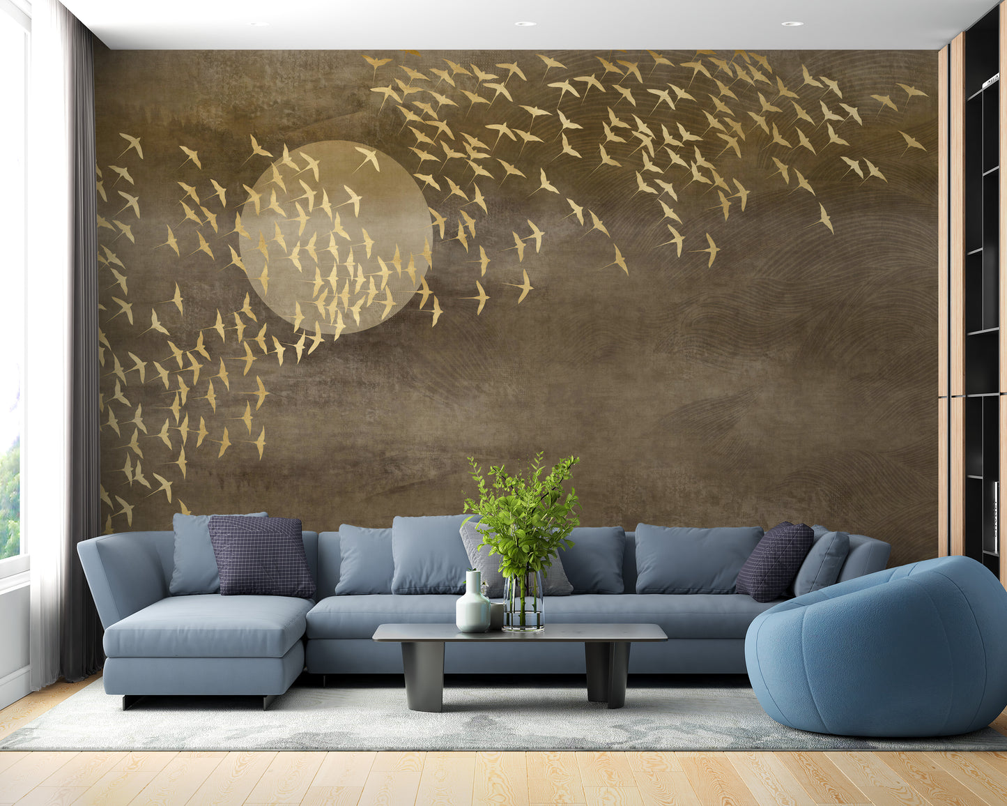 Sophisticated brown golden bird mural decor
