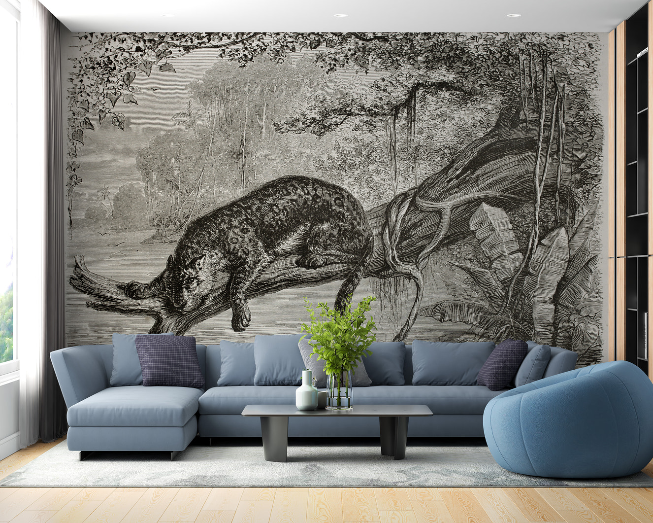 Monochrome leopard mural with jungle design.
