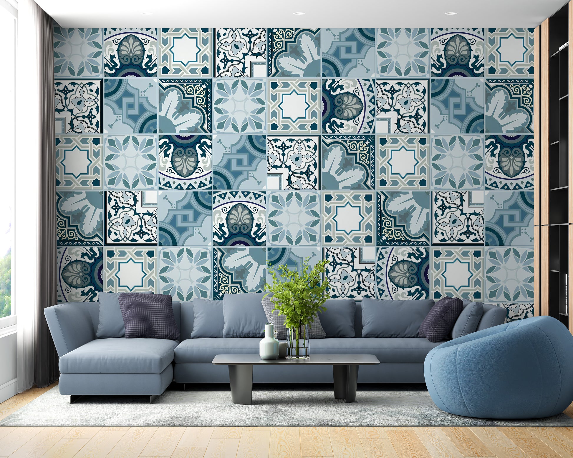 Stylish mosaic wall mural in blue hues.
