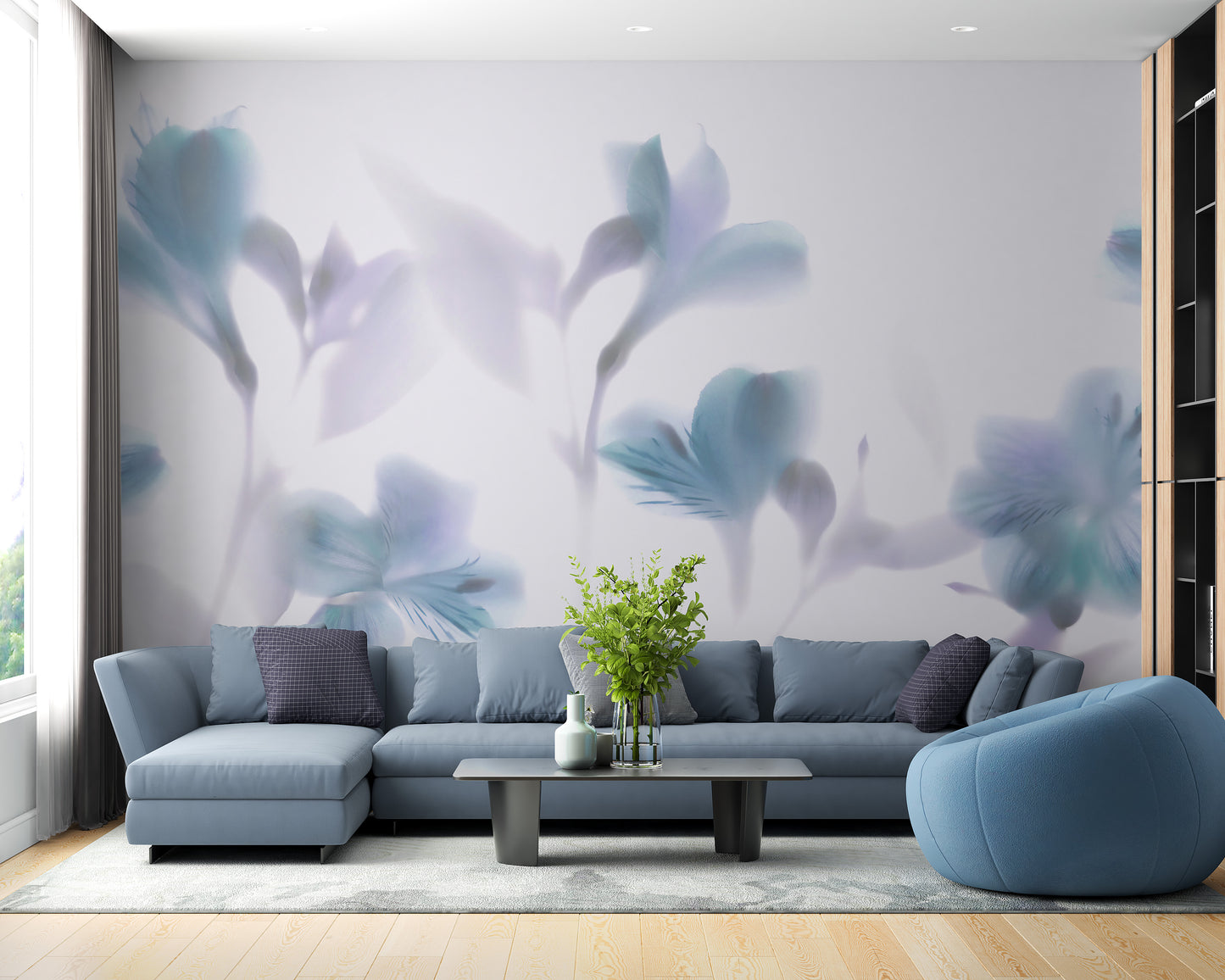 Blue orchids mural for tranquil wall design.
