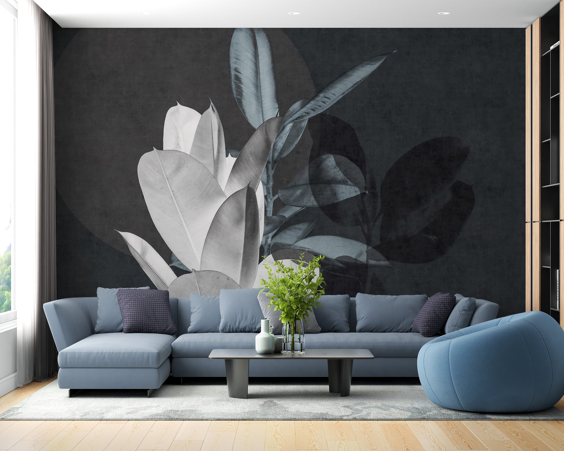 Dark exotic leaf texture wallpaper decor.
