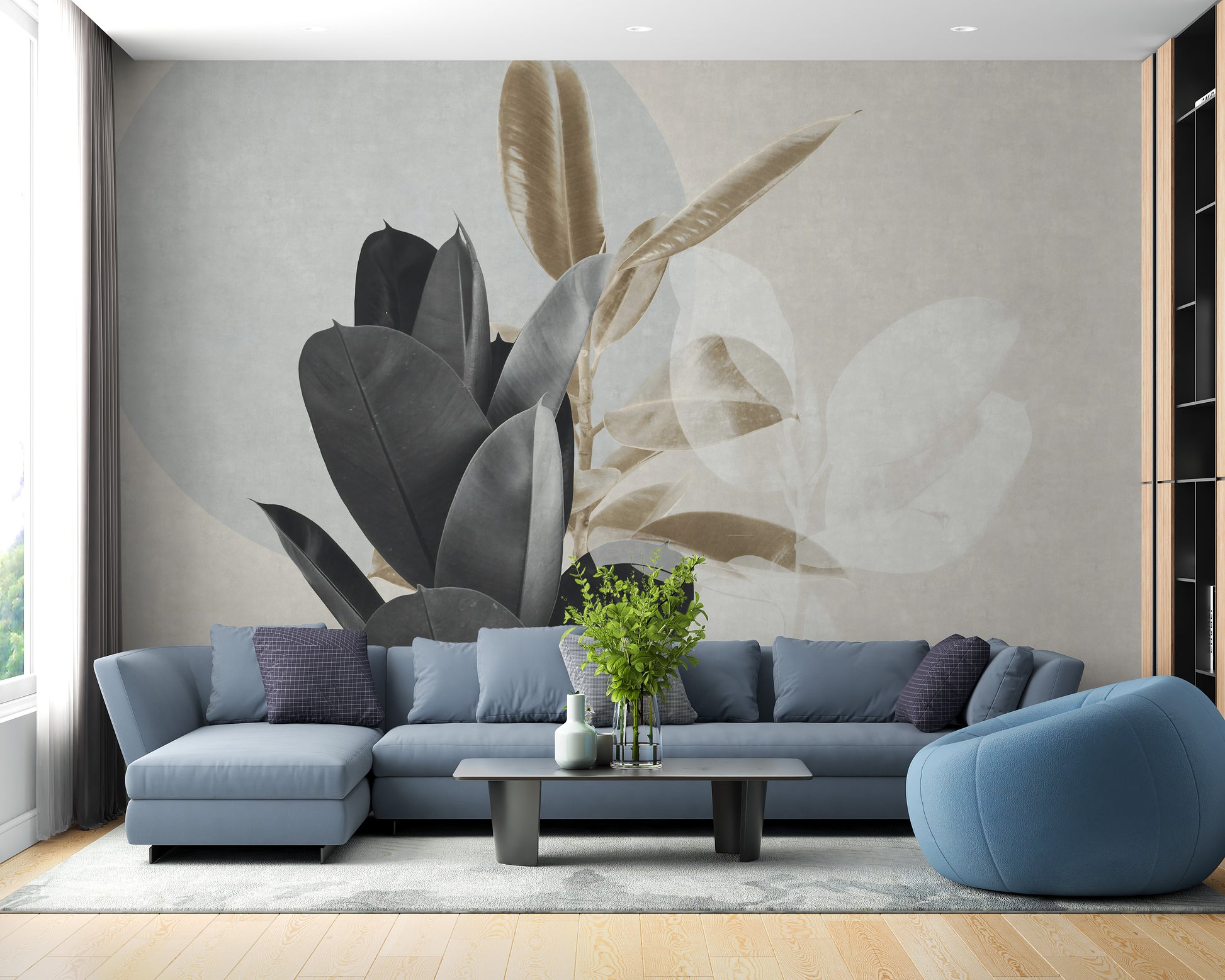 Black and beige leaves mural for modern walls.
