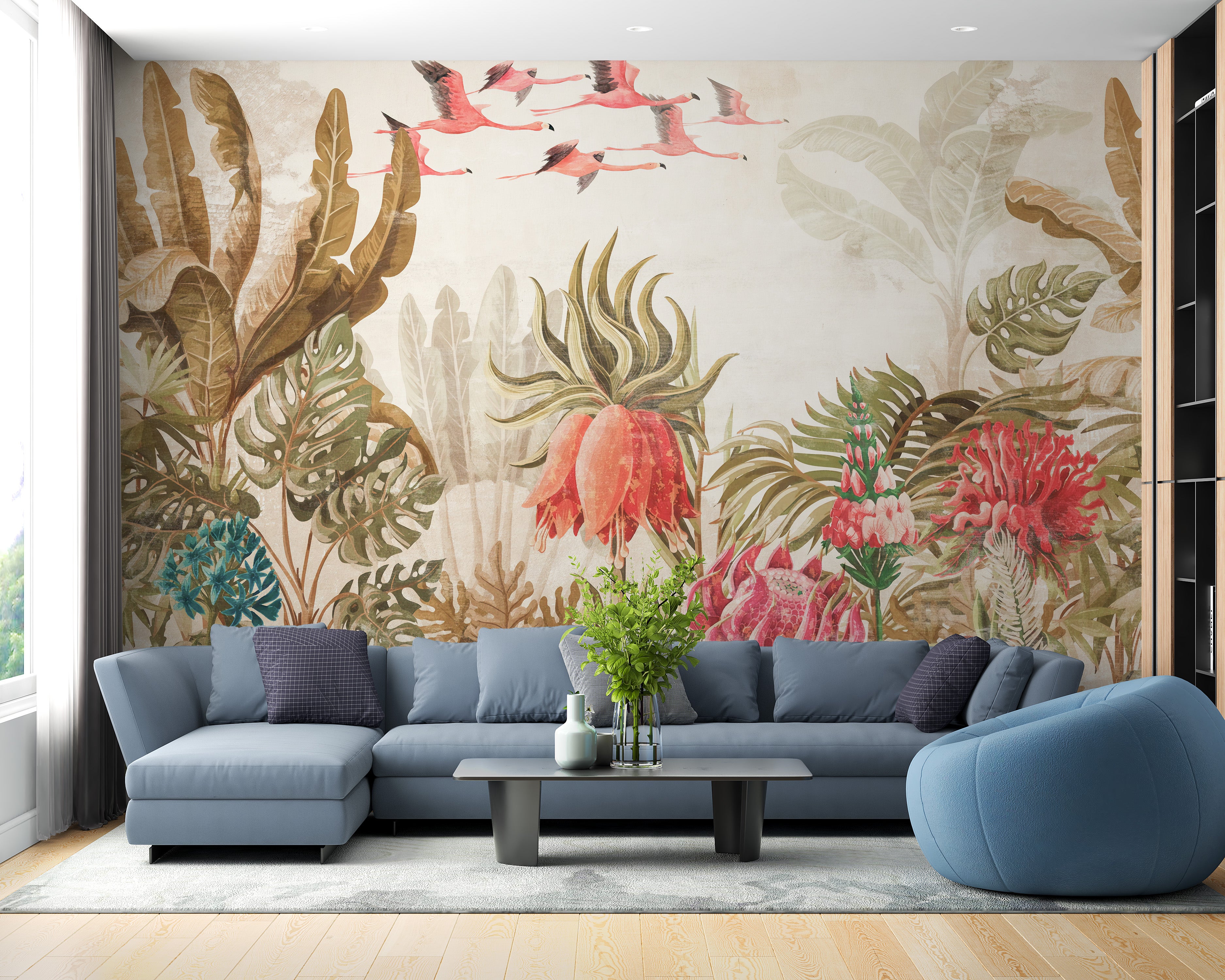 Tropical peel-and-stick wallpaper with foliage.
