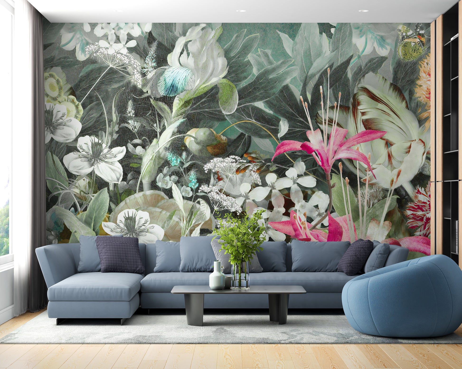 Lush flower and foliage mural in bold tones.
