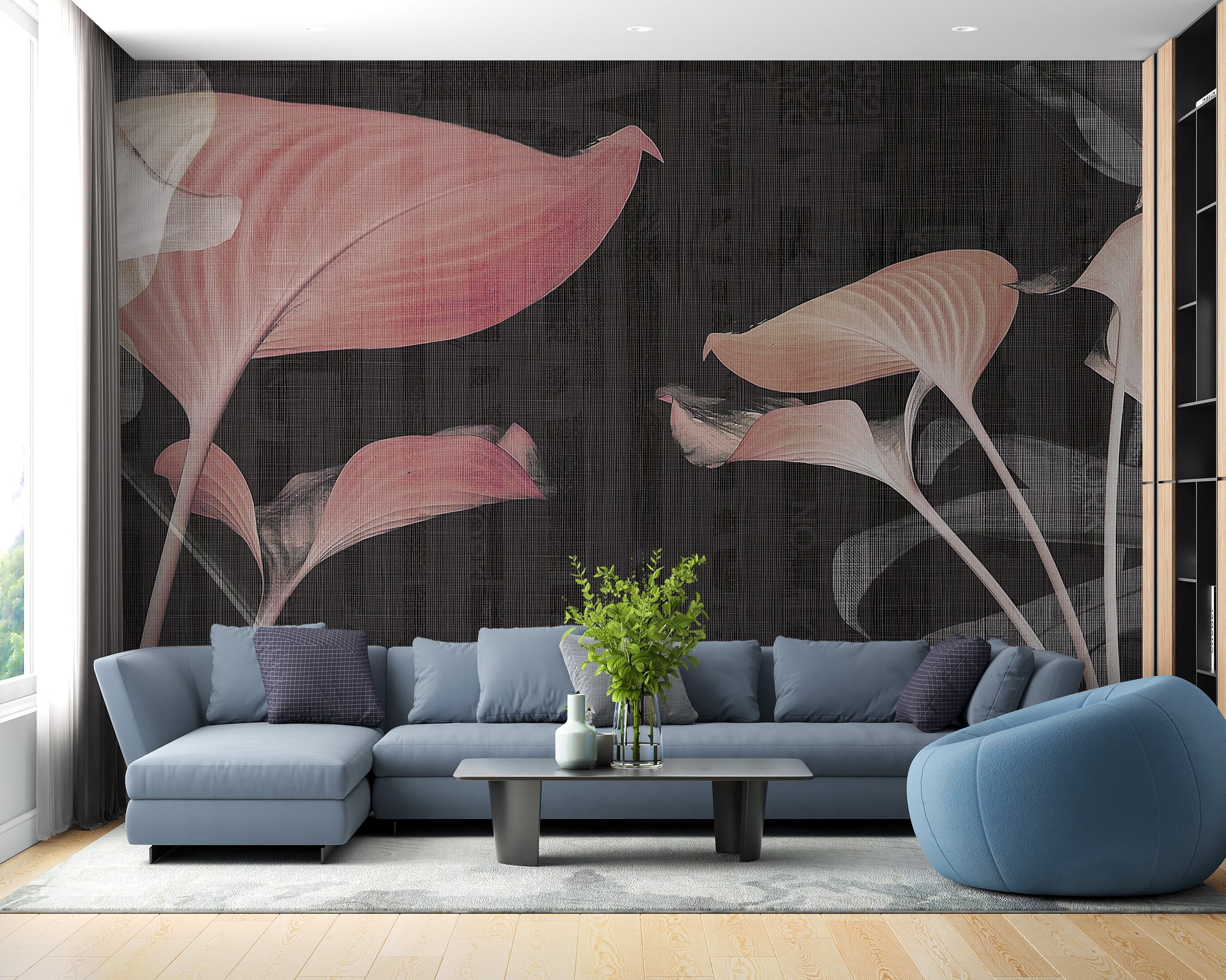 Delicate watercolor floral mural in pink.
