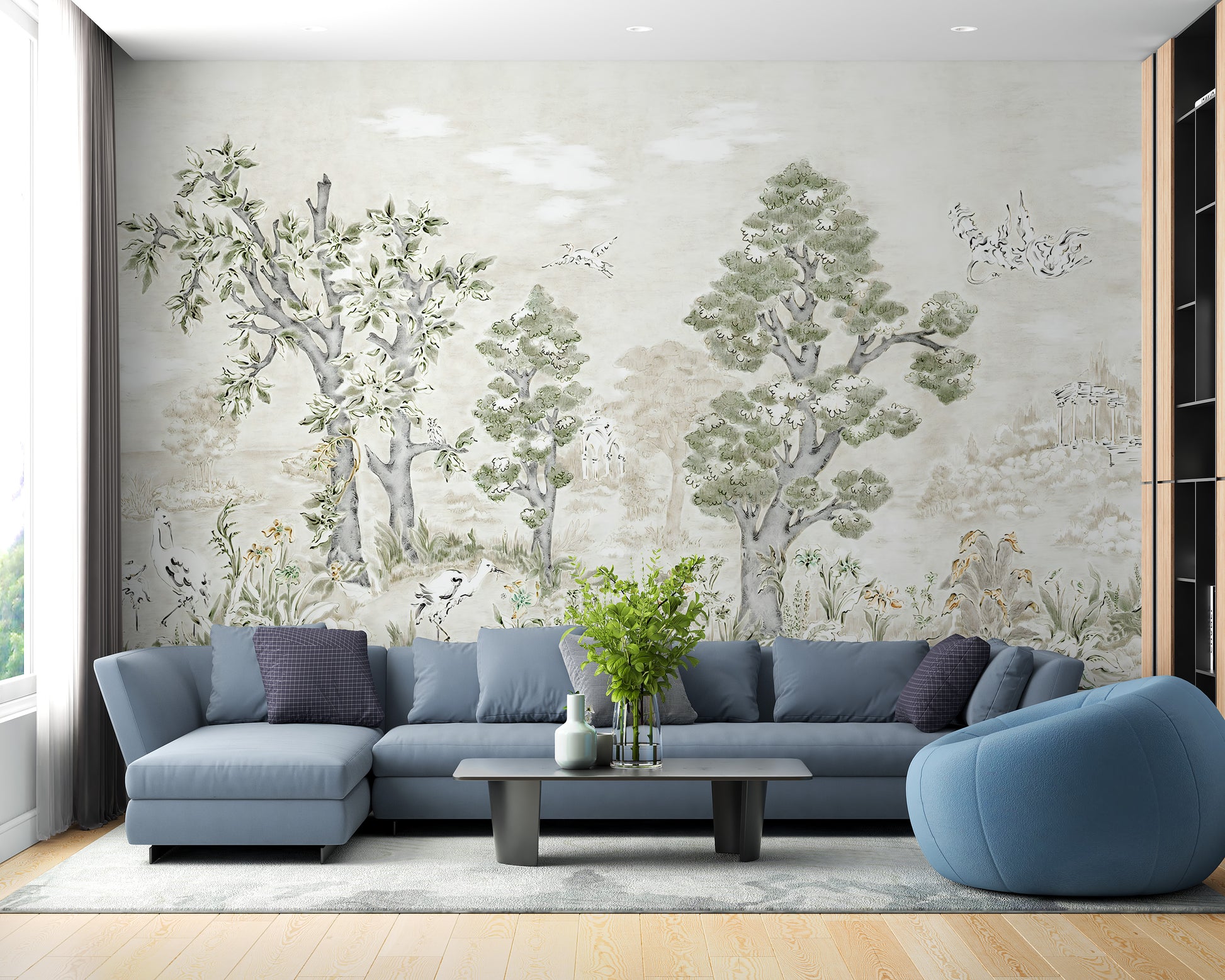 Nature-inspired pastel tree canopy mural.
